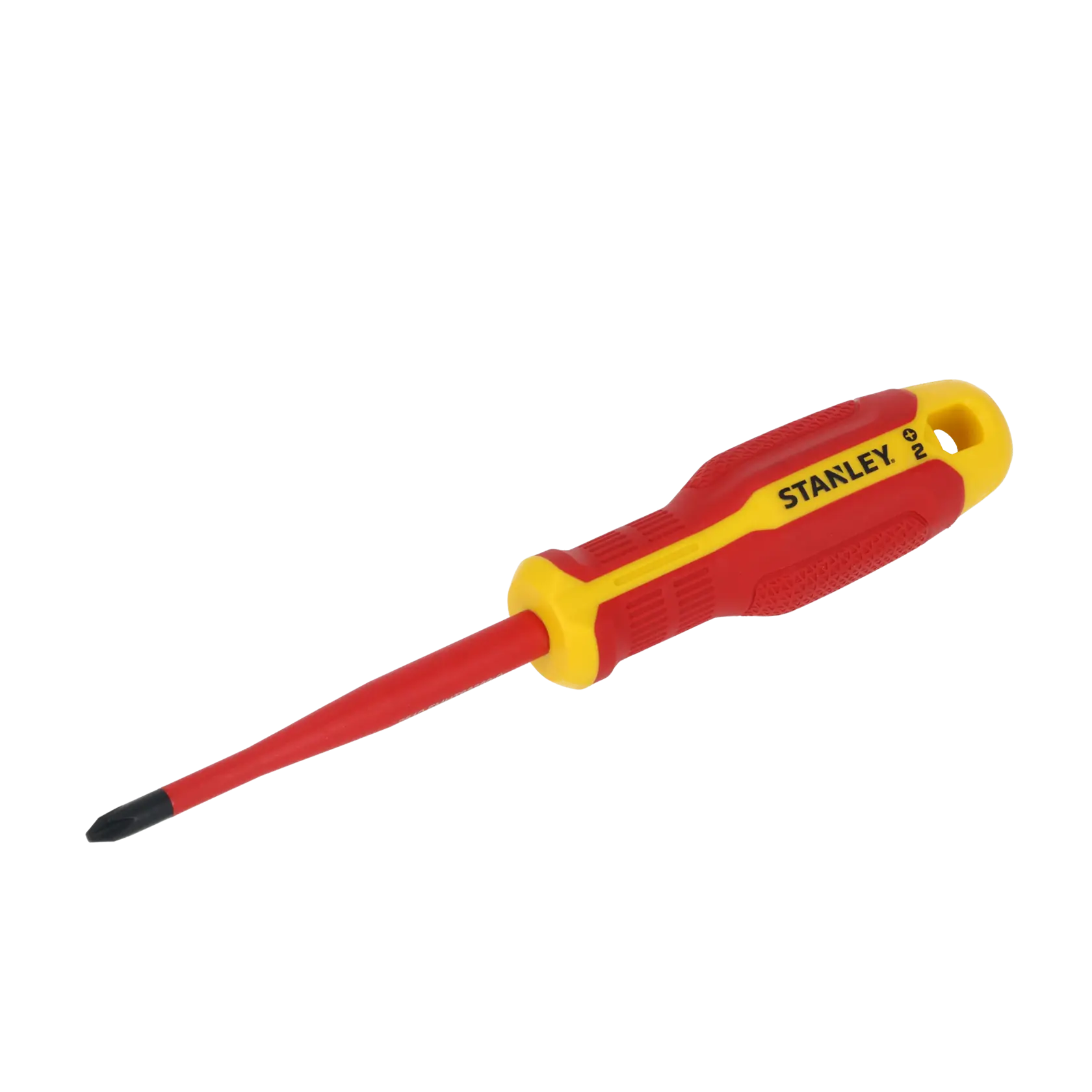 STANLEY FMHT65756-0 isolierter Kreuzschlitzschraubendreher mit rot-gelbem Griff, schräg auf weißem Hintergrund.