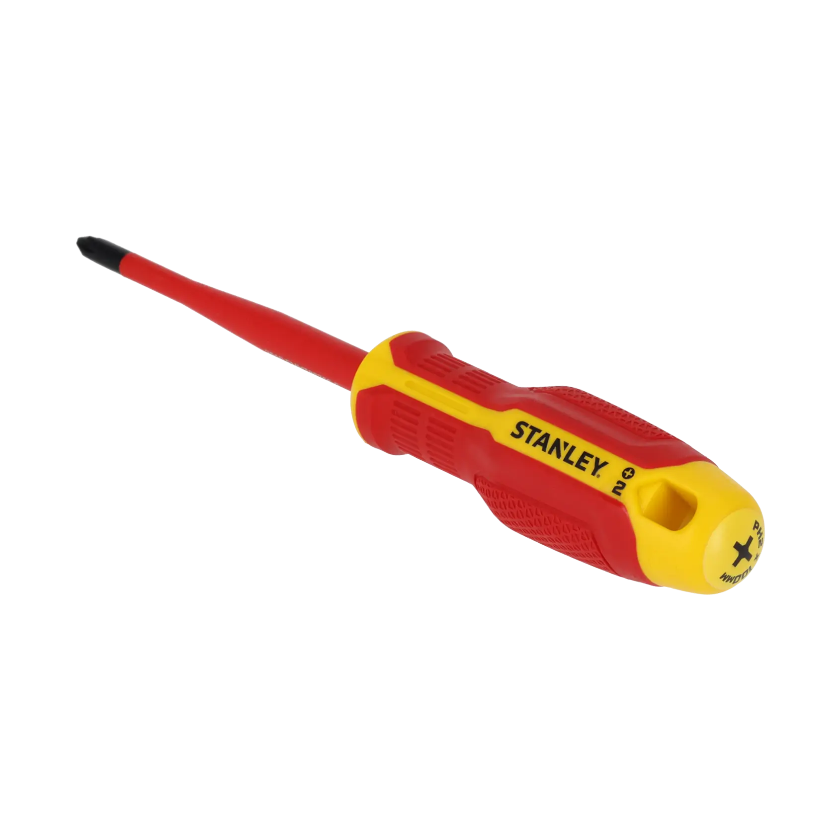 STANLEY FMHT65756-0 isolierter Kreuzschlitz-Schraubendreher, rot-gelber Griff, Vorderansicht auf weißem Hintergrund.