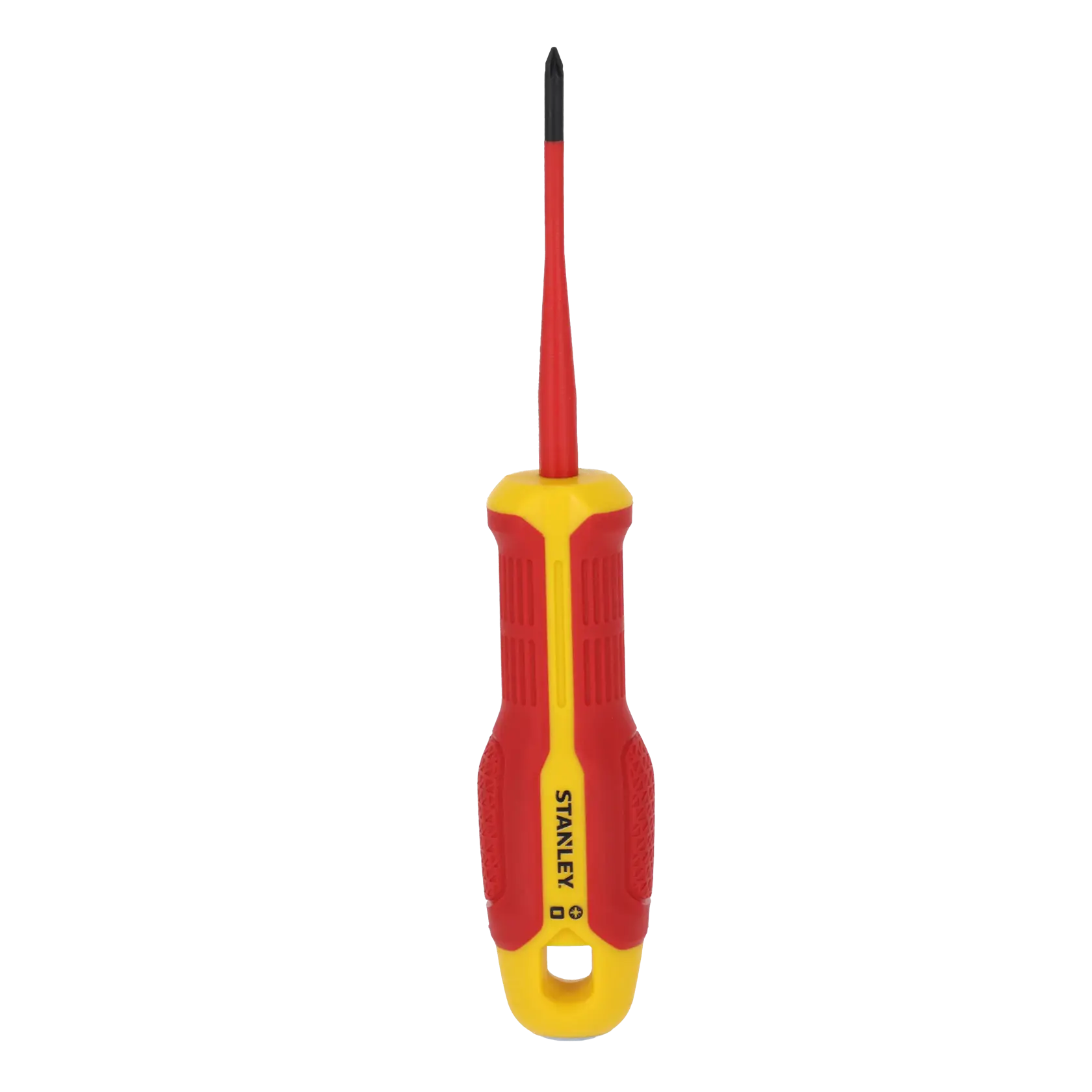 STANLEY FMHT65757-0 isolierter Phillips-Schraubendreher mit rot-gelbem Griff, Frontansicht auf weißem Hintergrund.