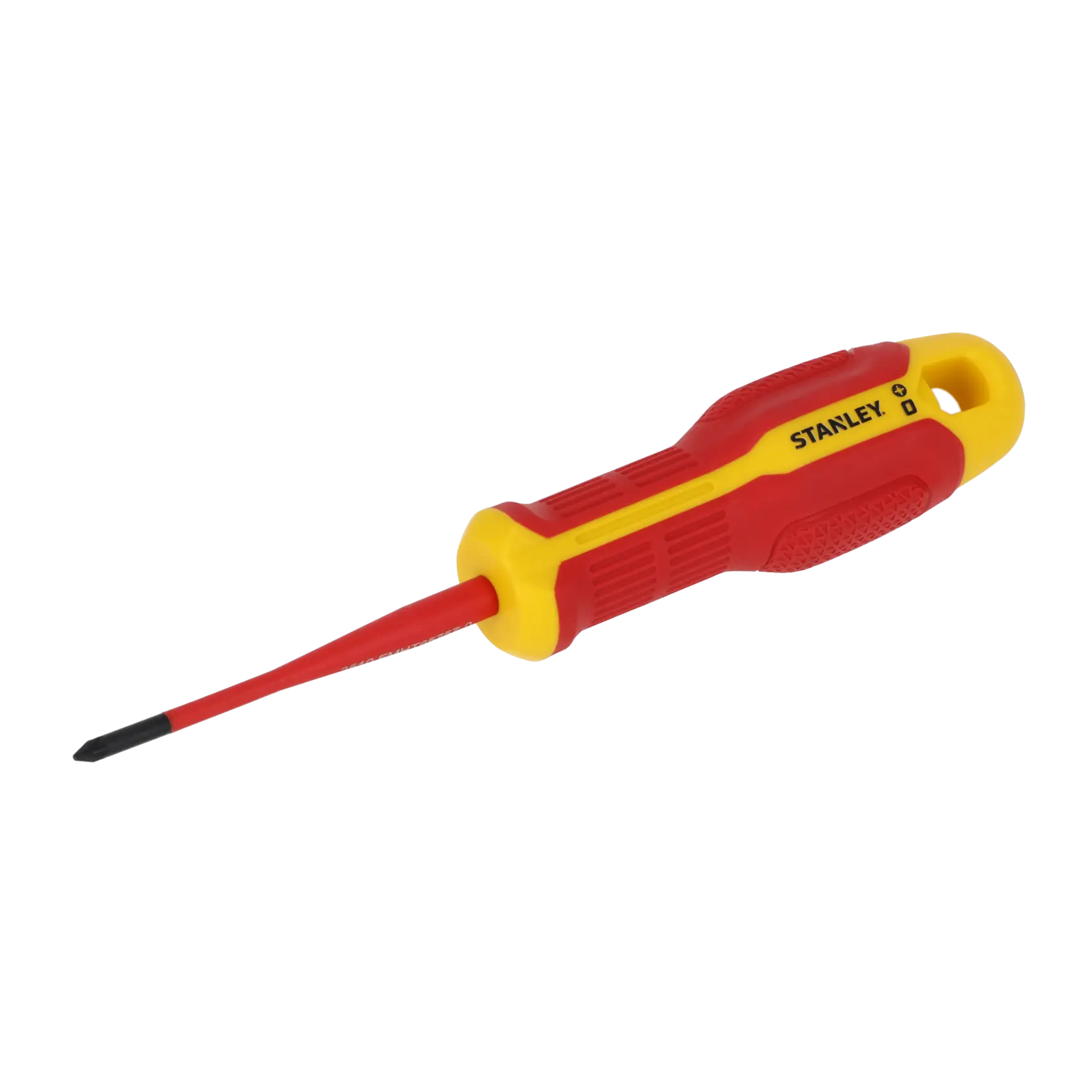 STANLEY FMHT65757-0 isolierter Schraubendreher mit rot-gelbem Griff, Seitenansicht auf weißem Hintergrund.