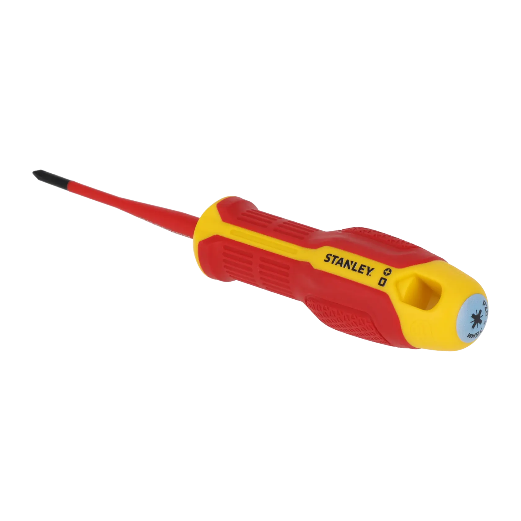 STANLEY FMHT65757-0 isolierter Kreuzschlitzschraubendreher mit rot-gelbem Griff, schräge Ansicht, weißer Hintergrund.