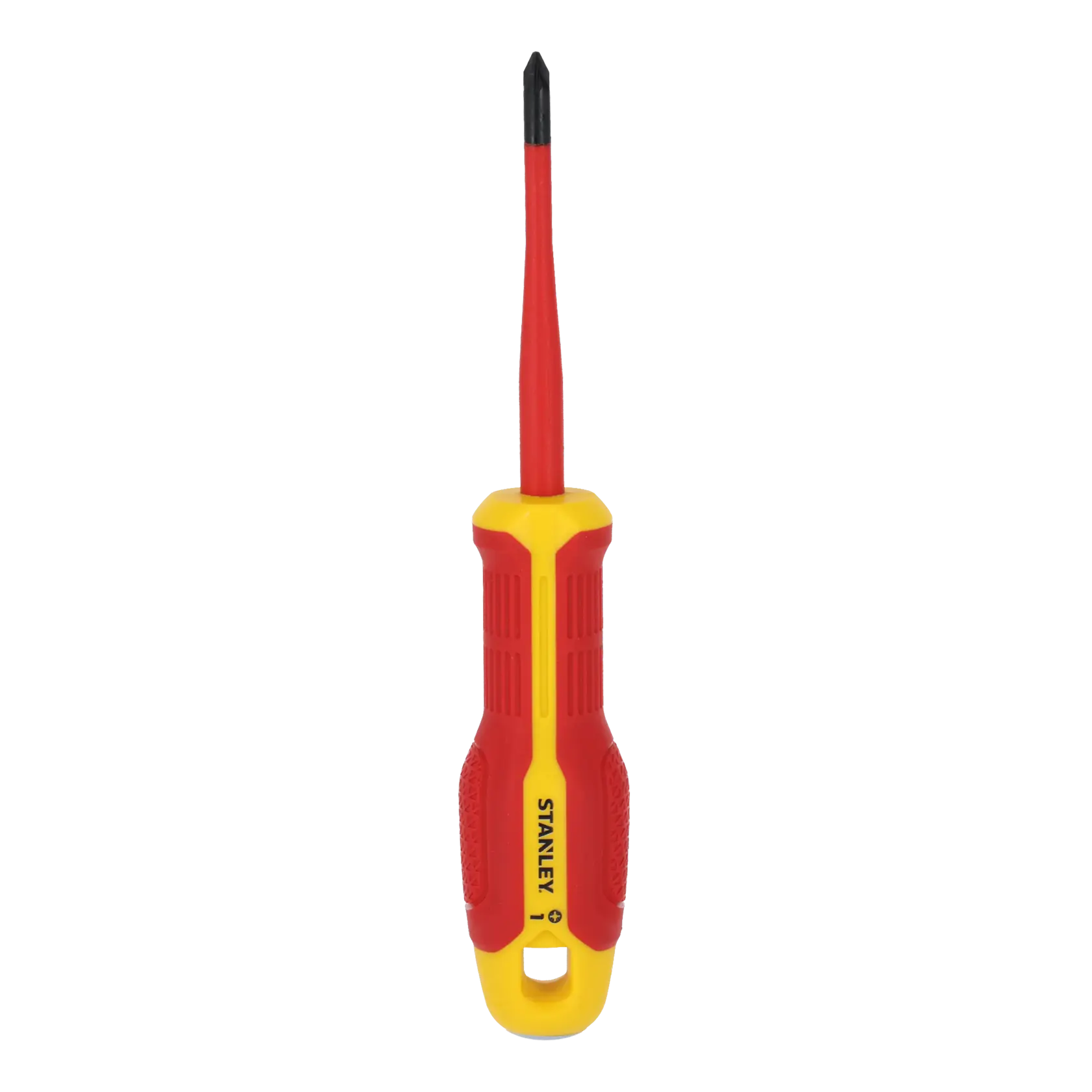 STANLEY FMHT65758-0 isolierter Kreuzschlitzschraubendreher, rot-gelber Griff, Vorderansicht auf weißem Hintergrund.