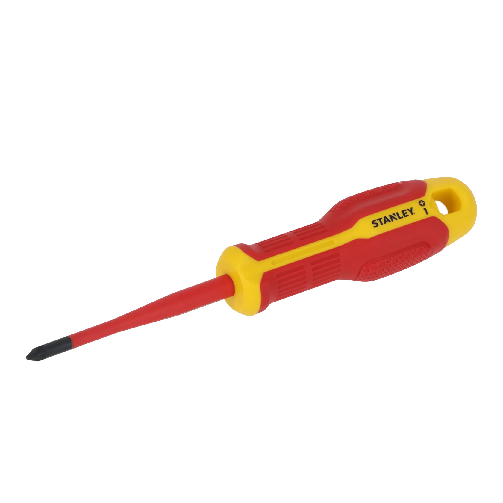 STANLEY FMHT65758-0 isolierter Kreuzschlitzschraubendreher mit rot-gelbem Griff, schräge Ansicht, auf weißem Hintergrund.