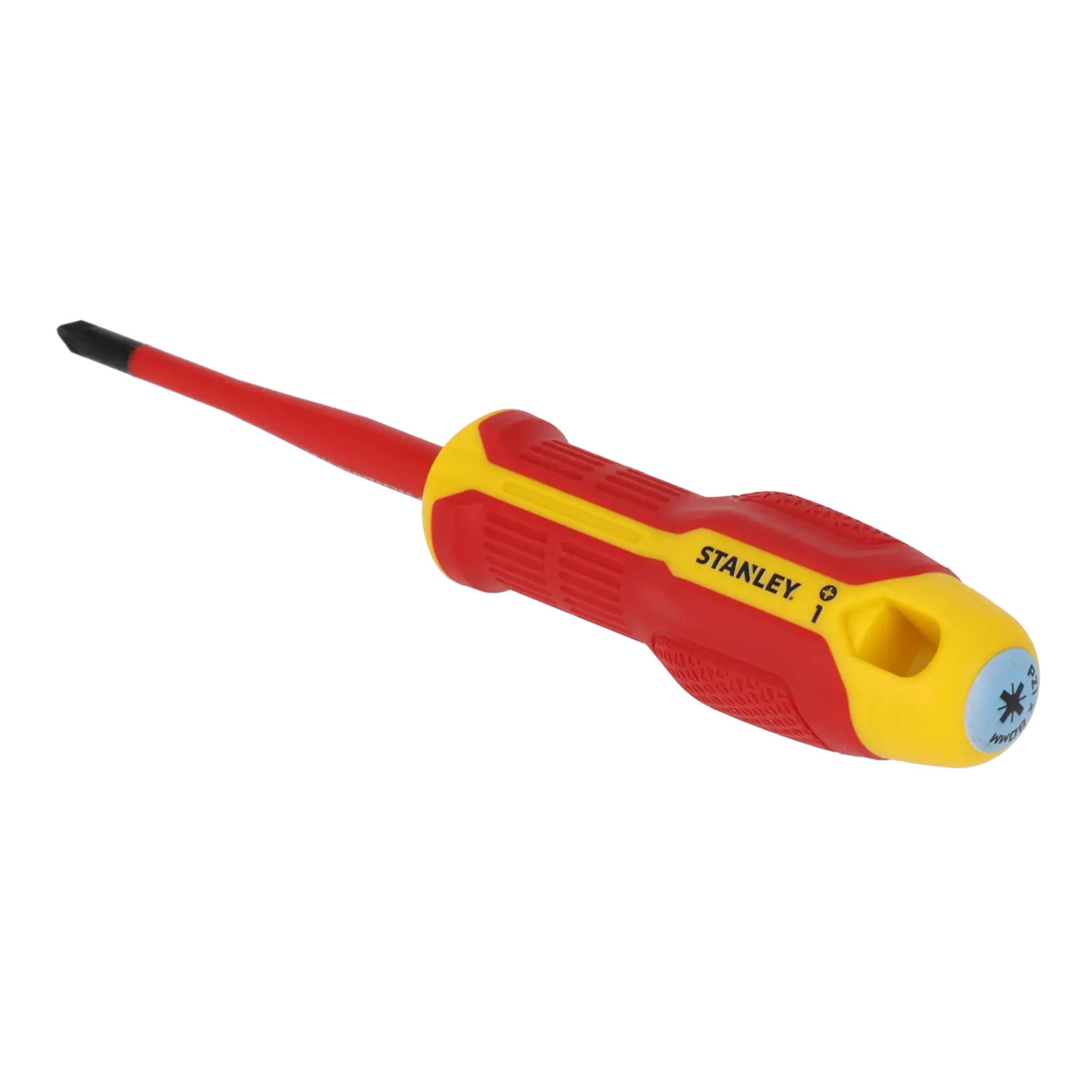 STANLEY FMHT65758-0 isolierter Phillips-Schraubendreher mit rot-gelbem Griff, Vorderansicht, weißer Hintergrund.