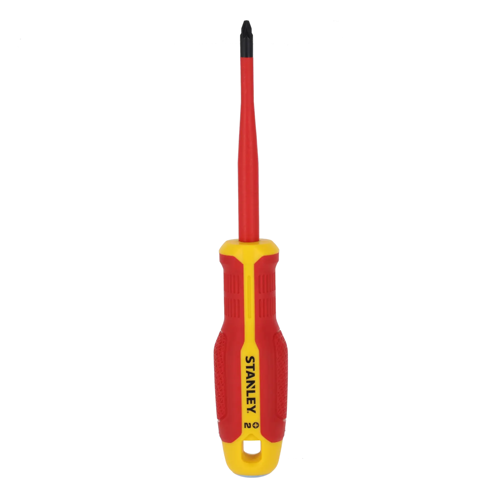 STANLEY FMHT65759-0 isolierter Phillips-Schraubendreher mit rotem und gelbem Griff, Vorderansicht auf weißem Hintergrund.
