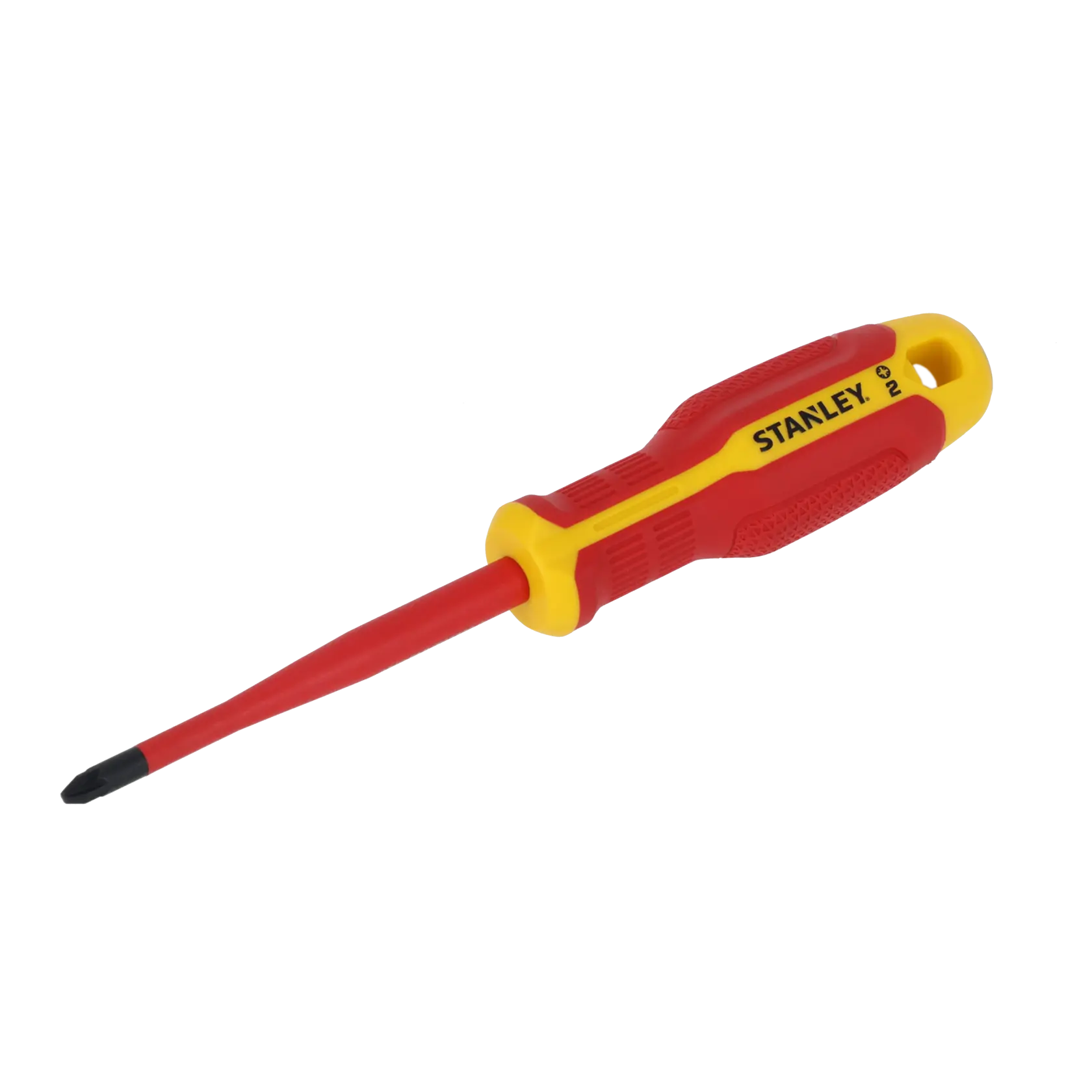 STANLEY FMHT65759-0 isolierter Phillips-Schraubendreher mit rot-gelbem Griff, Seitenansicht, auf weißem Hintergrund.