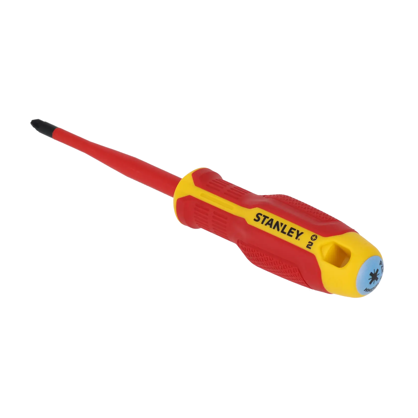 STANLEY FMHT65759-0 isolierter Kreuzschlitzschraubendreher, rot und gelb, Frontansicht auf weißem Hintergrund.