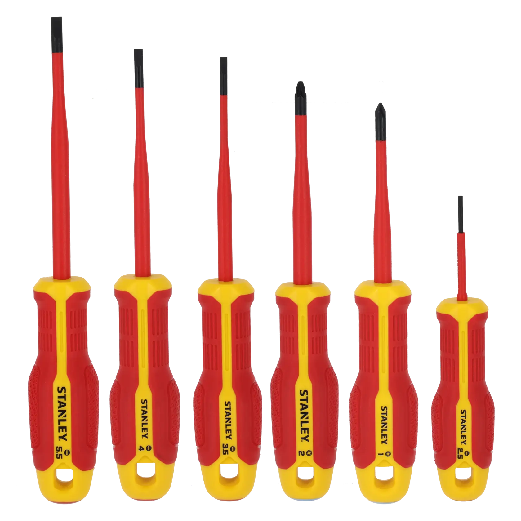 STANLEY FMHT65765-0 Schraubendreher-Set, sechs isolierte Schraubendreher mit rot-gelben Griffen, Vorderansicht auf weißem Hintergrund.