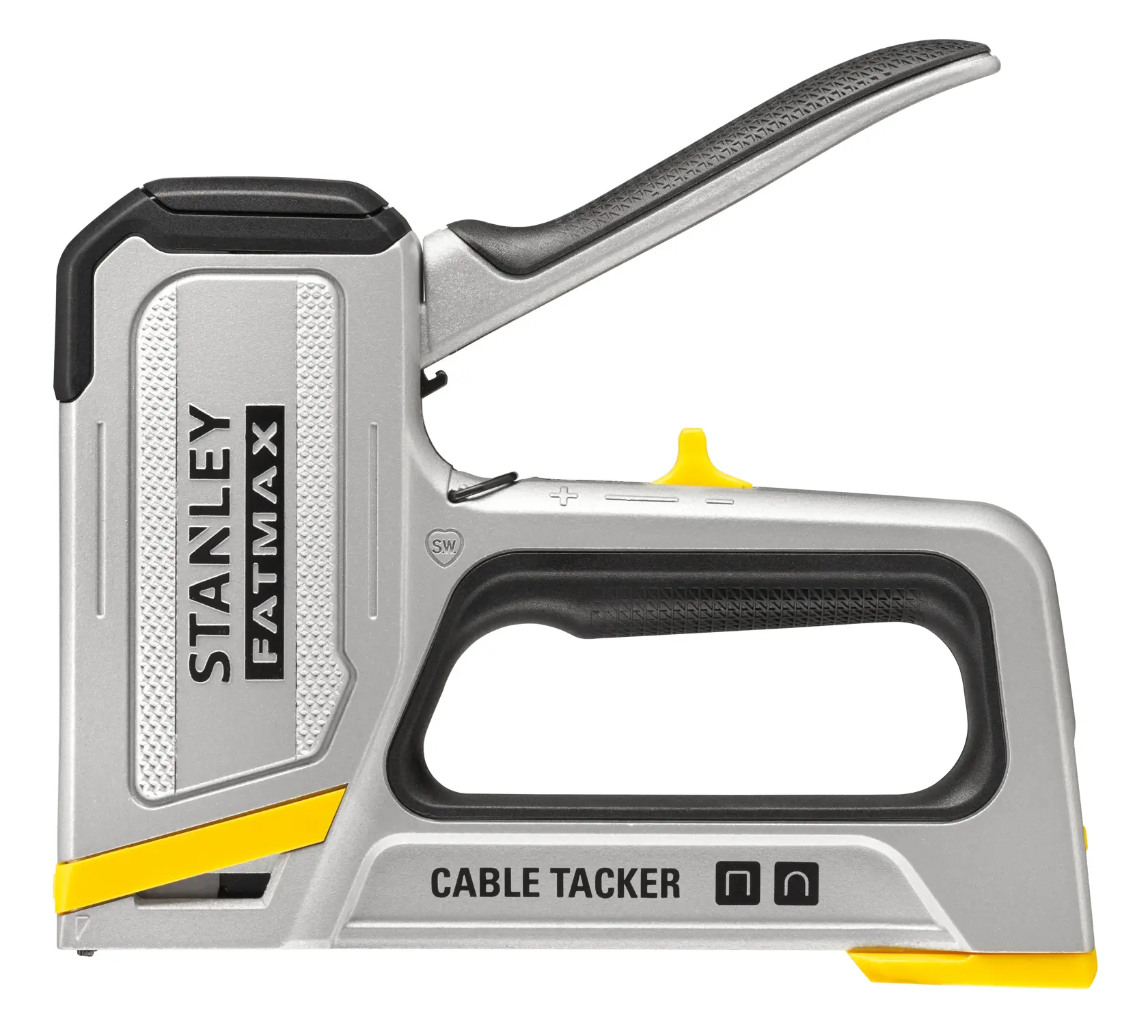 STANLEY FMHT70100-0 cable tacker, silver and black, side angle, ergonomic handle, FATMAX branding.