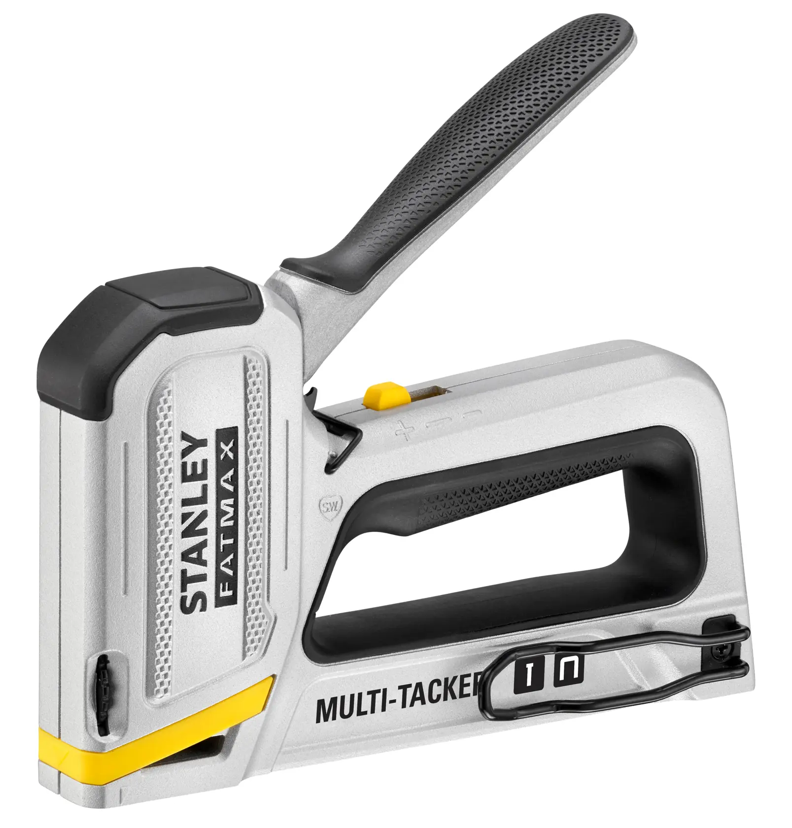 Foto des STANLEY FMHT70250-0 Multi-Tacker Hefters, silber mit schwarzen und gelben Akzenten, Seitenansicht.