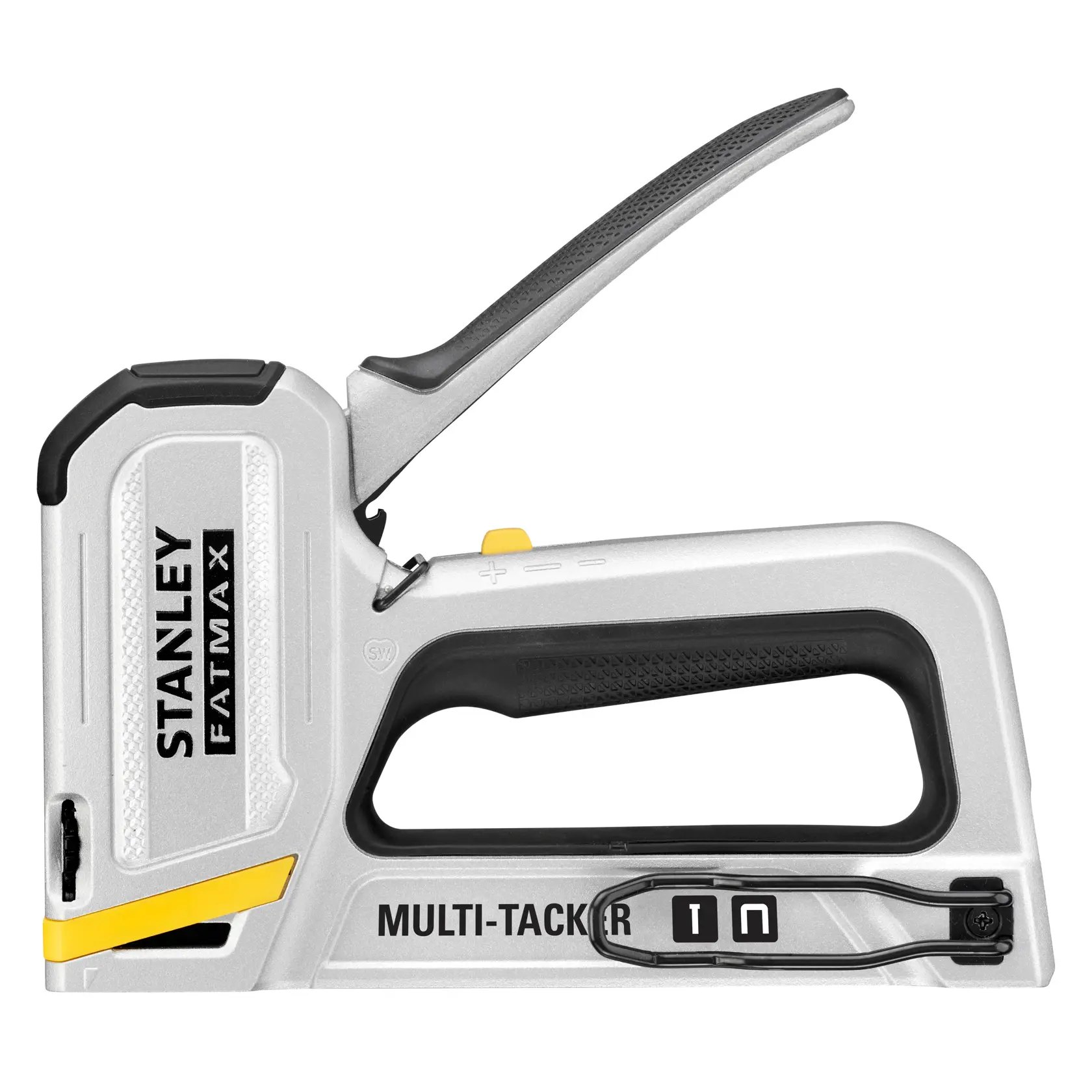 STANLEY FMHT70250-0 silber-schwarzer Multi-Tacker, linke Seitenansicht auf weißem Hintergrund, Fotografie.