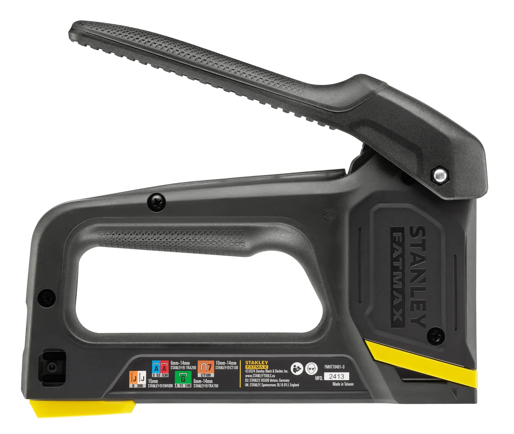 STANLEY FMHT70401-0 heavy-duty stapler, black and yellow, side view on white background.