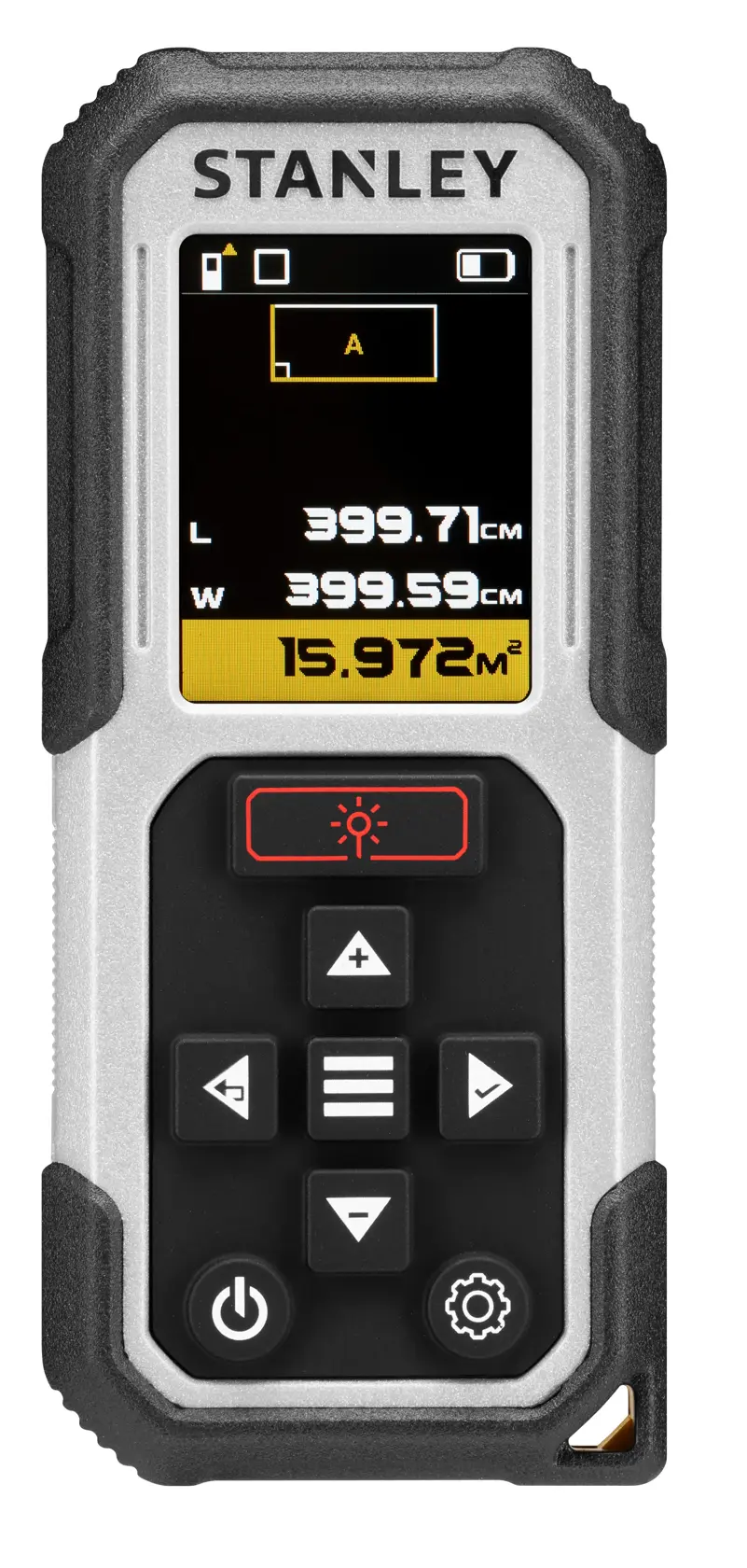 STANLEY FMHT77050-XJ Laser-Entfernungsmesser in Schwarz und Silber, Frontansicht mit Display und Bedientasten.