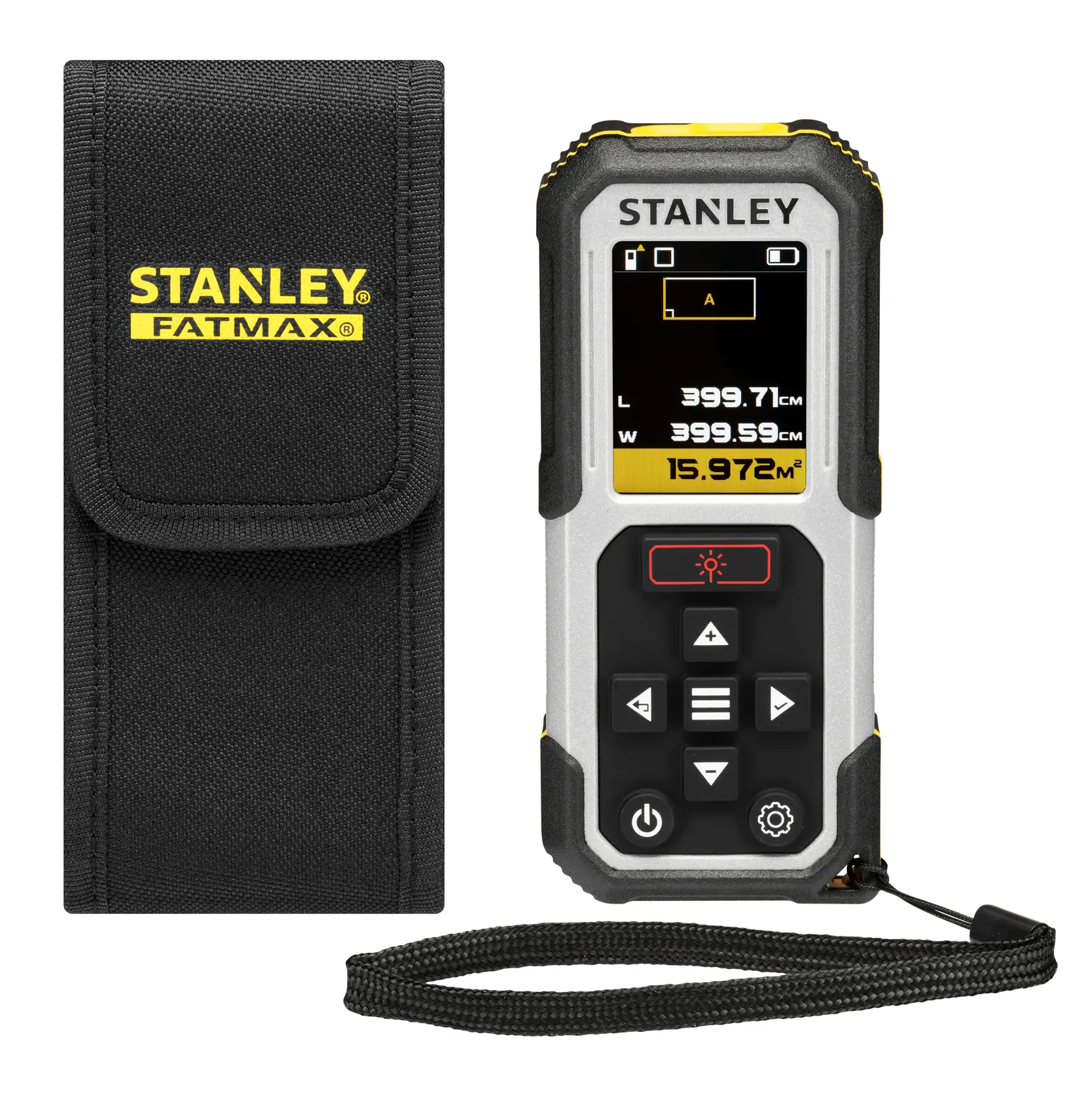 STANLEY FMHT77050-XJ Laser-Entfernungsmesser Frontansicht mit schwarzer Tasche und Handschlaufe.
