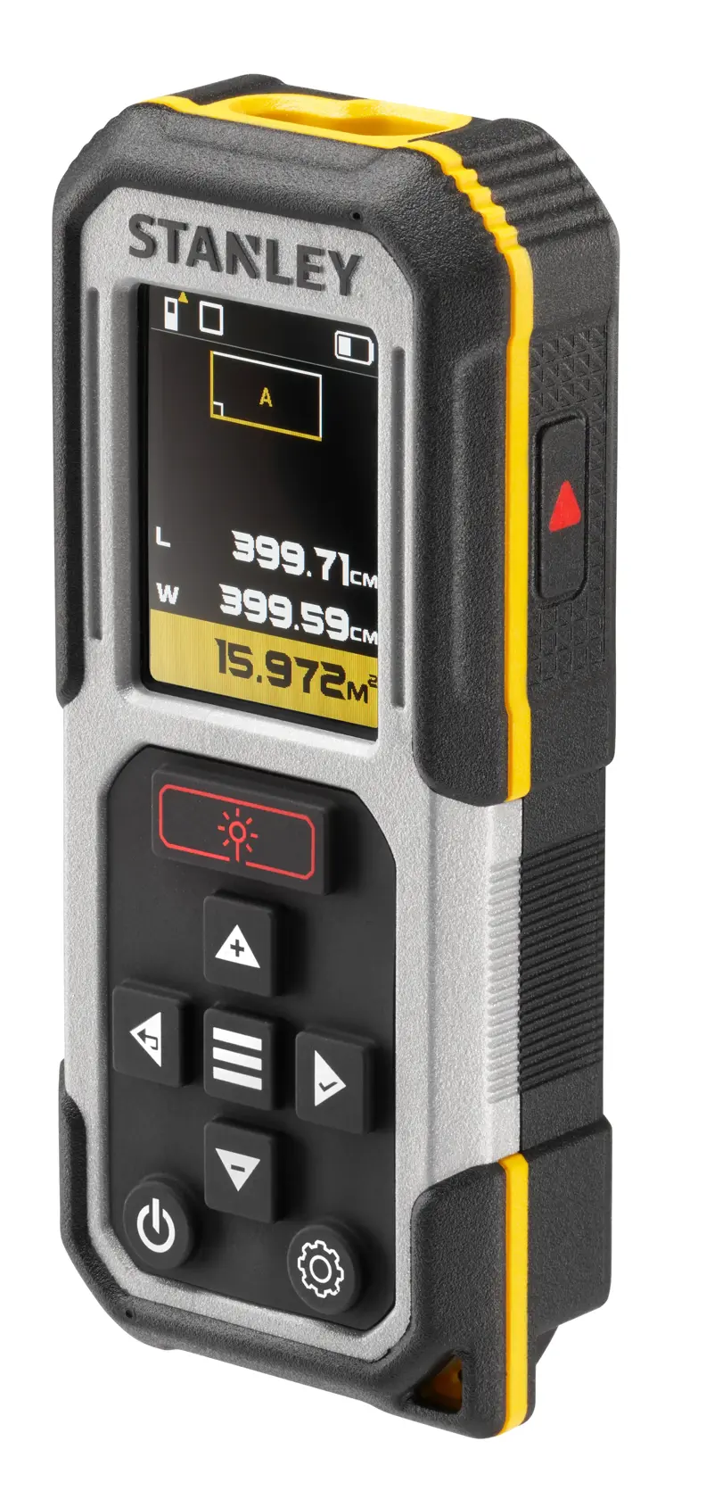 STANLEY FMHT77050-XJ Laser-Entfernungsmesser mit Digitalanzeige und schwarz-gelbem Gehäuse, Vorderansicht.