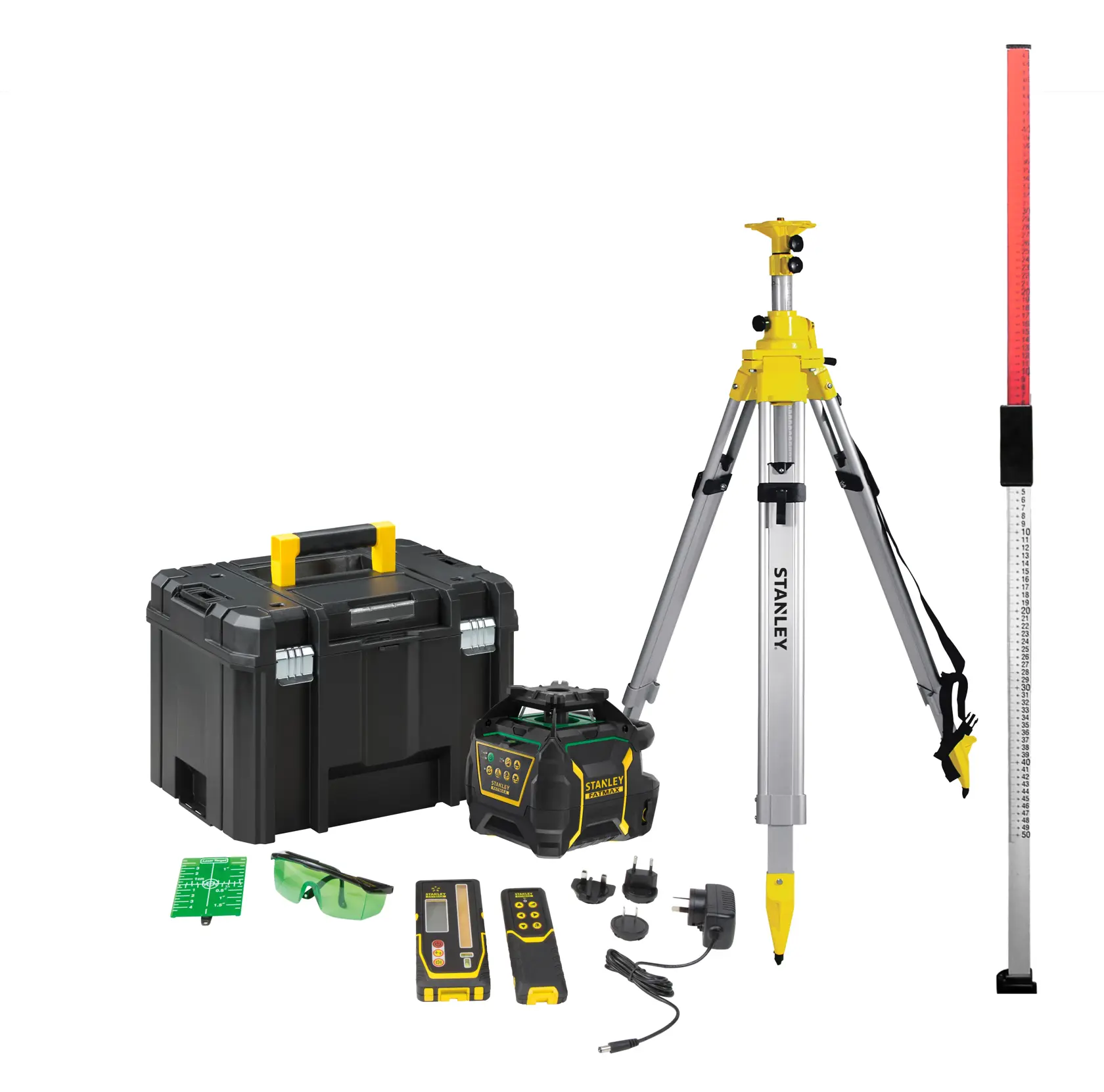 STANLEY Laser-Nivelliergerät mit Stativ, Koffer, Empfänger, Messlatte, Adapter und Zubehör für Vermessung.