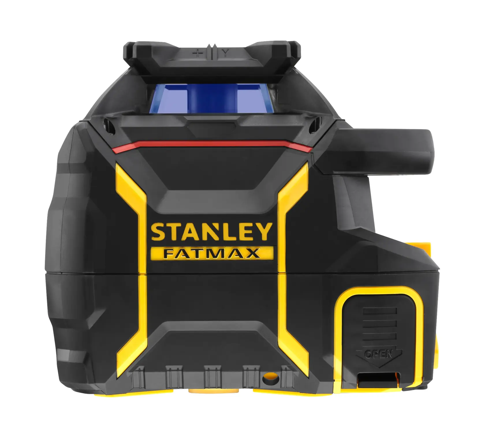 Stanley Fatmax Laser-Nivelliergerät in Schwarz und Gelb, Vorderansicht.