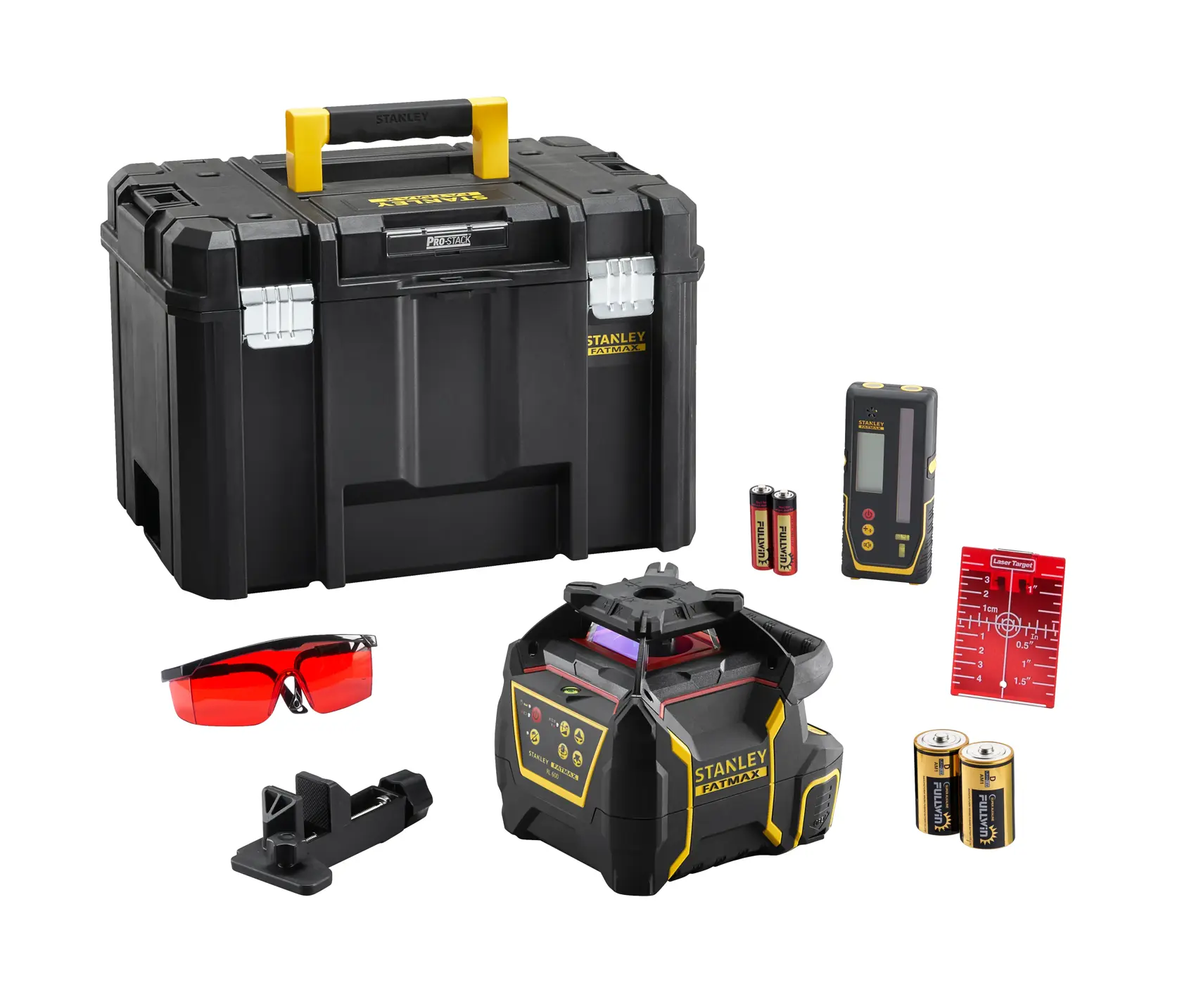 STANLEY FMHT77446-1 Laser-Set mit schwarzem Werkzeugkasten, roten Brillen, Batterien, Detektor, Zielscheibe, Halter, Vorderansicht