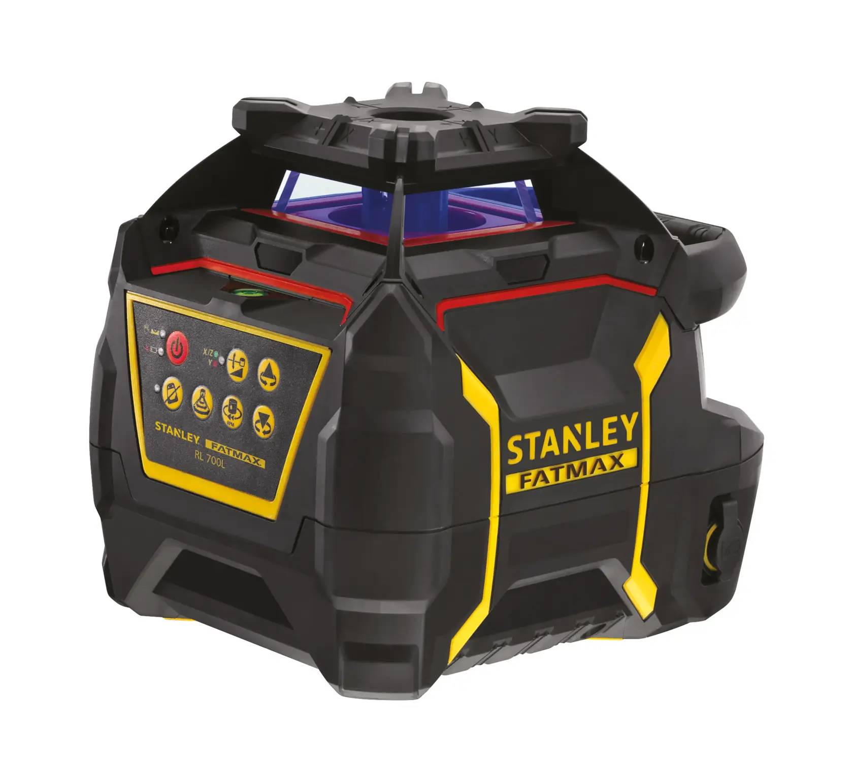 Stanley FatMax RL 700L Rotationslaser, schwarz-gelb, mit Bedienfeld und Schutzgehäuse.