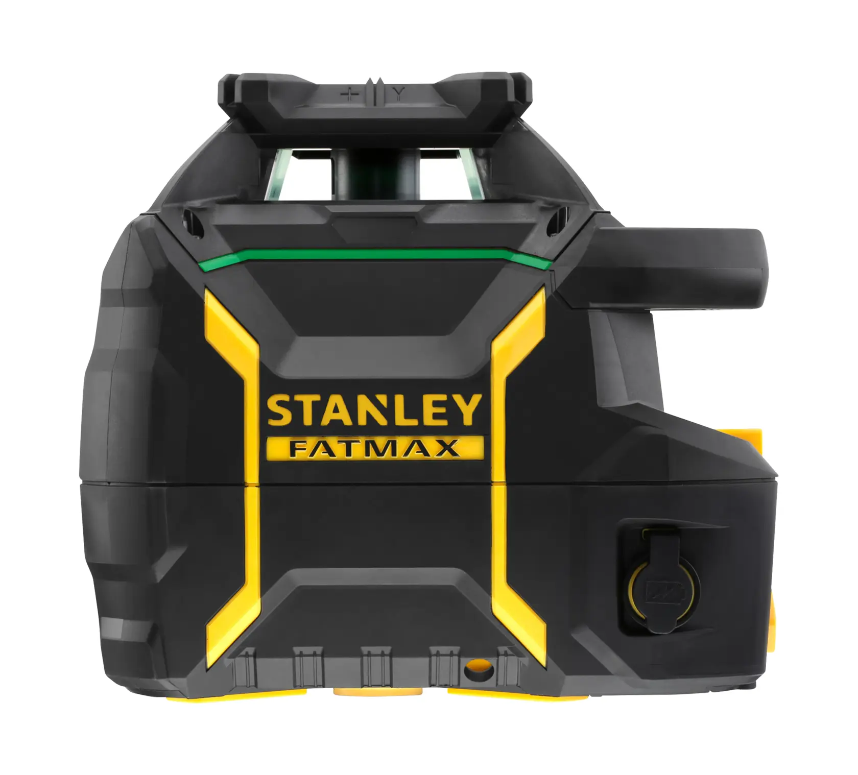 Vorderansicht eines STANLEY FATMAX Laser-Levels, schwarz-gelb, für präzises Messen im Bau.