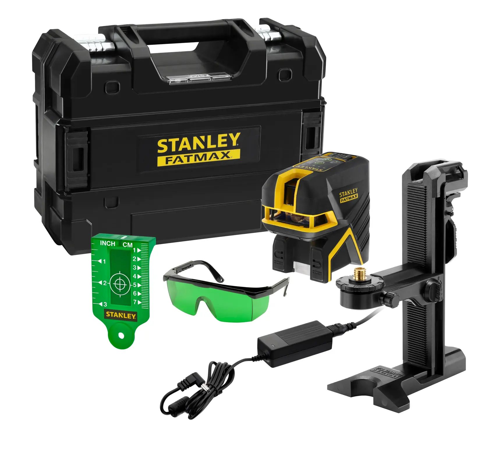 STANLEY FMHT77598-1 Laser-Nivellierer-Set mit schwarz-gelbem Laser, Transportkoffer, grüner Brille, Halterung, Ladegerät und Zieltafel.