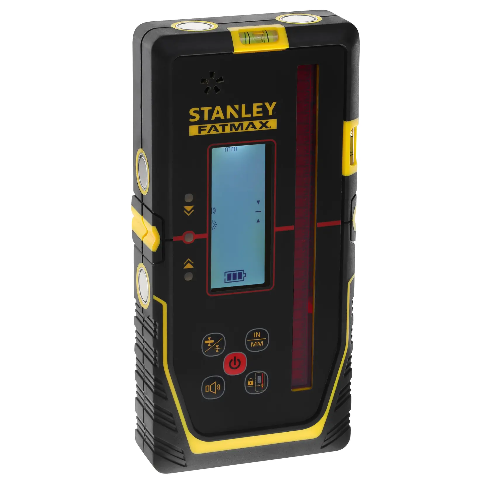 STANLEY FMHT77652-0 digitaler Laserempfänger, schwarz-gelb, frontale Winkelaufnahme auf weißem Hintergrund.