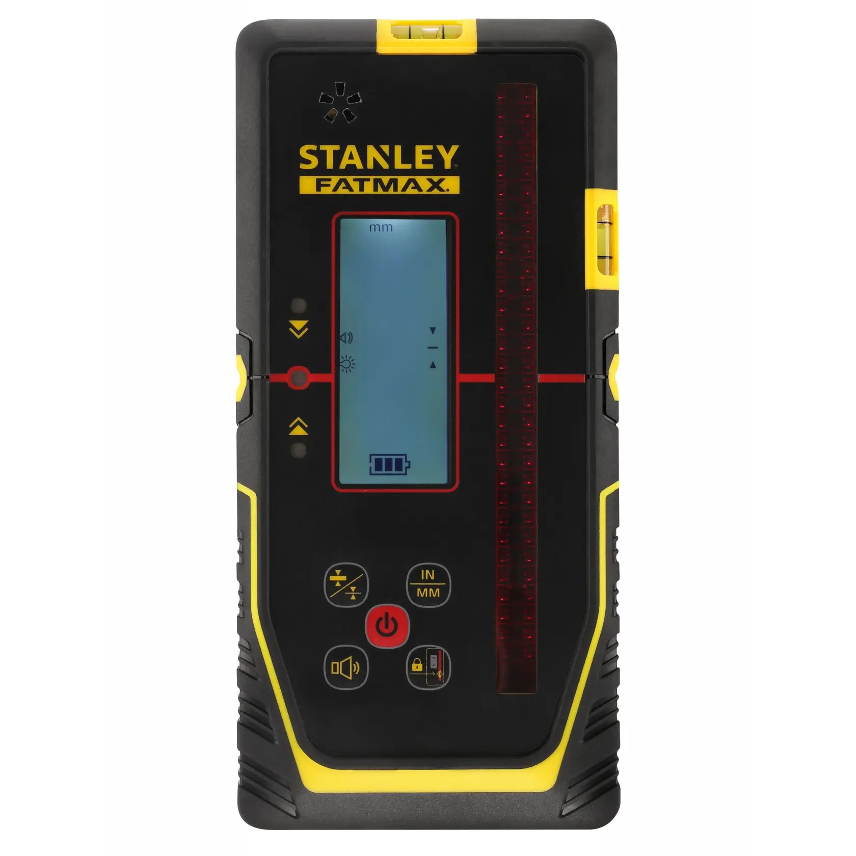 STANLEY FMHT77652-0 Laser-Empfänger mit Digitalanzeige, Vorderansicht, schwarz-gelbes Gehäuse.