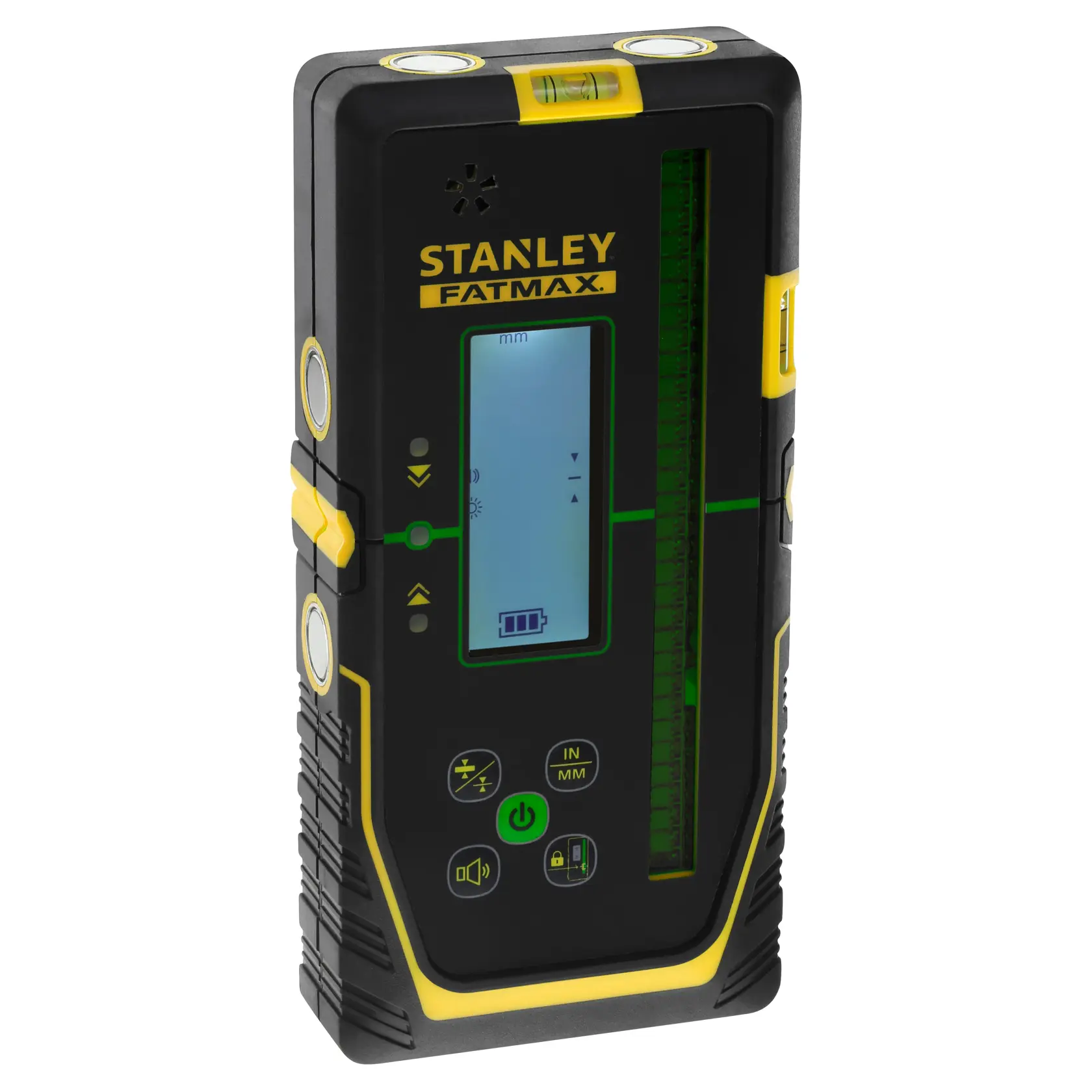 STANLEY FMHT77653-0 Laser-Detektor, schwarz und gelb, Frontansicht, mit Digitalanzeige und Bedientasten.