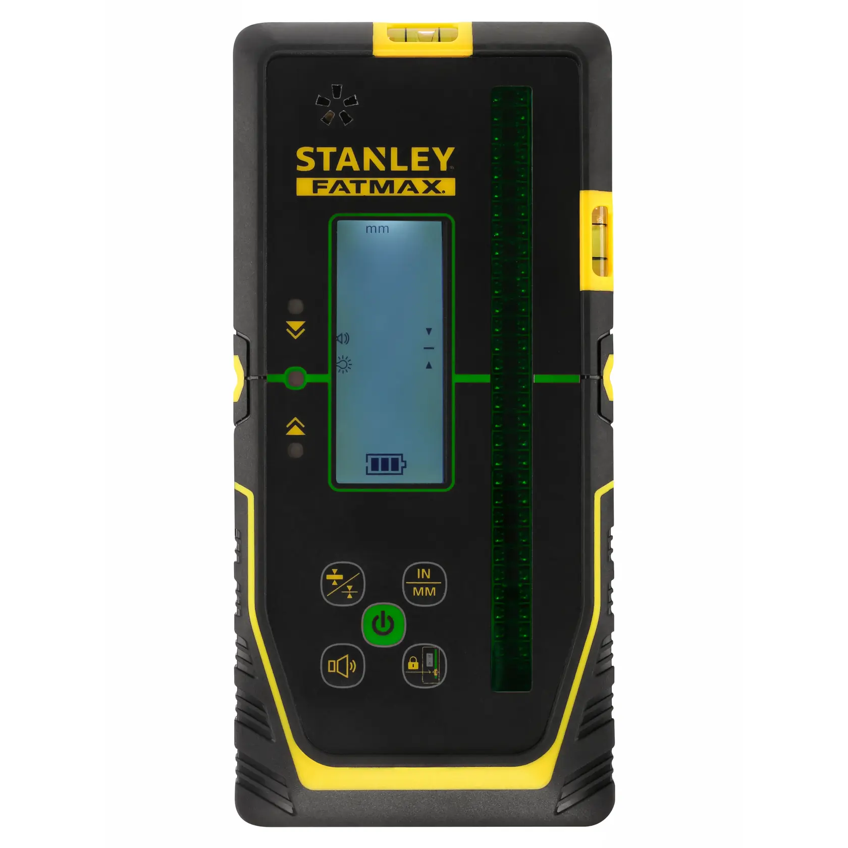 Foto des STANLEY FMHT77653-0 Laserdetektors, schwarz-gelb, Frontansicht mit LCD-Display und Bedientasten.