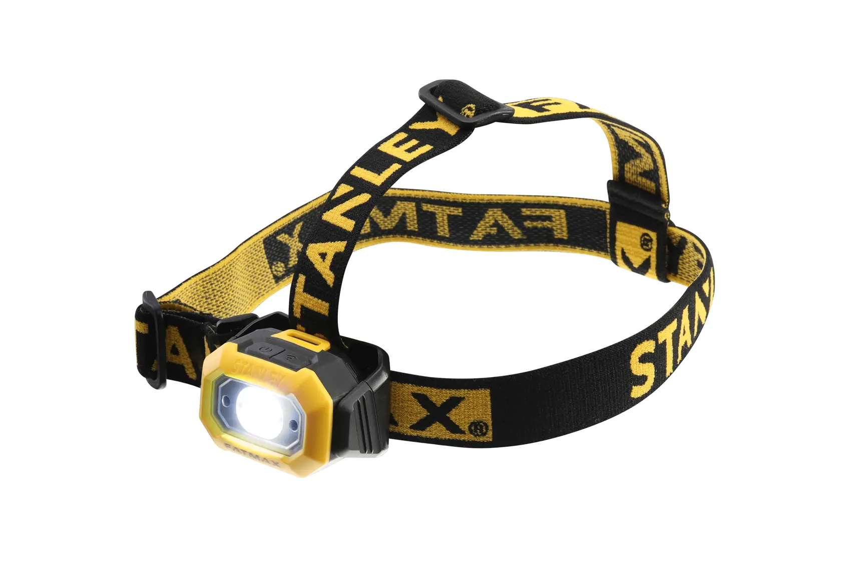 STANLEY yellow and black LED headlamp with adjustable strap, shown with light on.