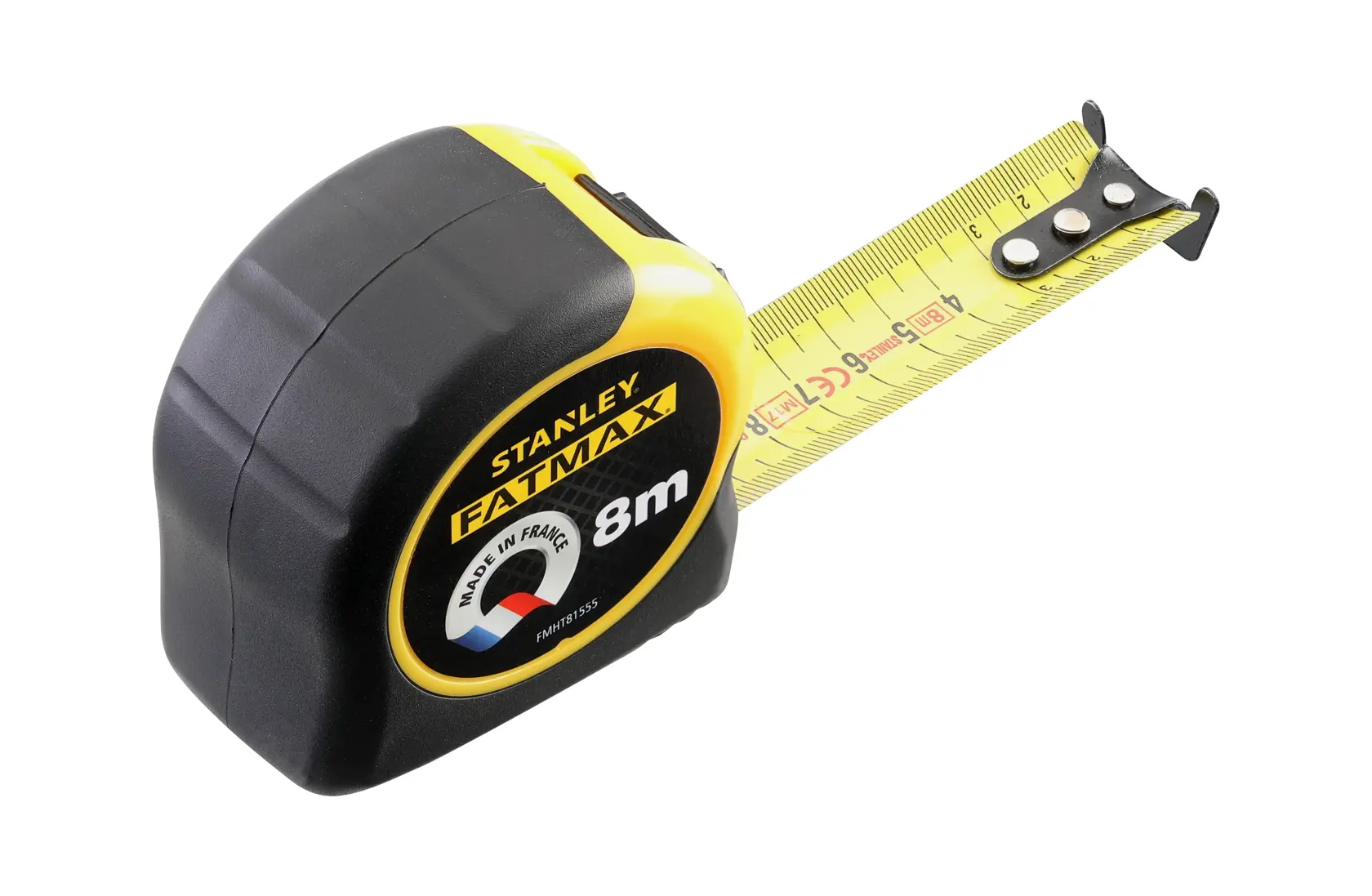 Stanley FATMAX 8m Maßband mit gelber Klinge und schwarzem Gehäuse, teilweise ausgezogen auf weißem Hintergrund.
