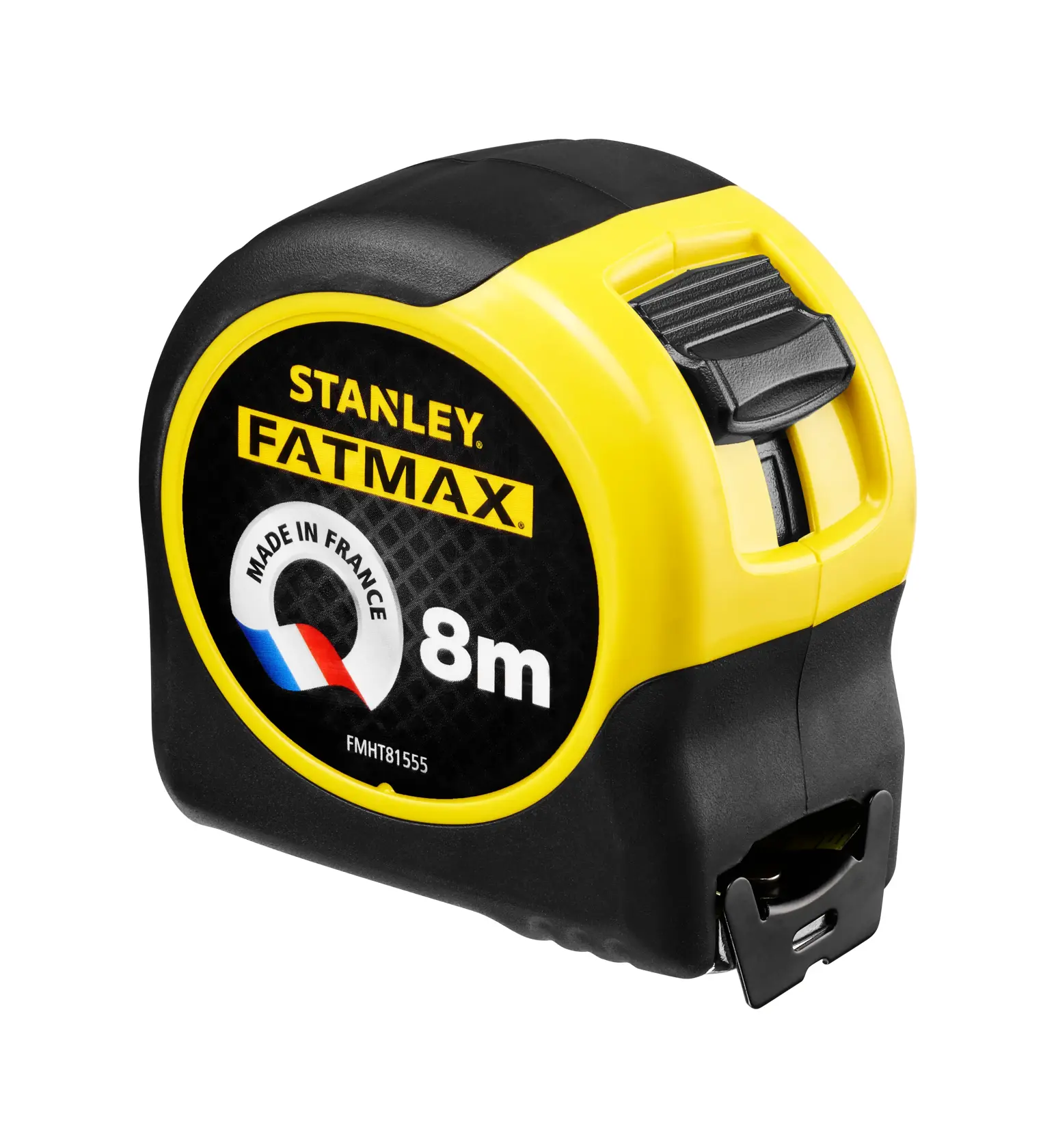 Stanley FATMAX FMHT81555-0 Maßband, 8m, schwarz und gelb, linke Vorderansicht, weißer Hintergrund.