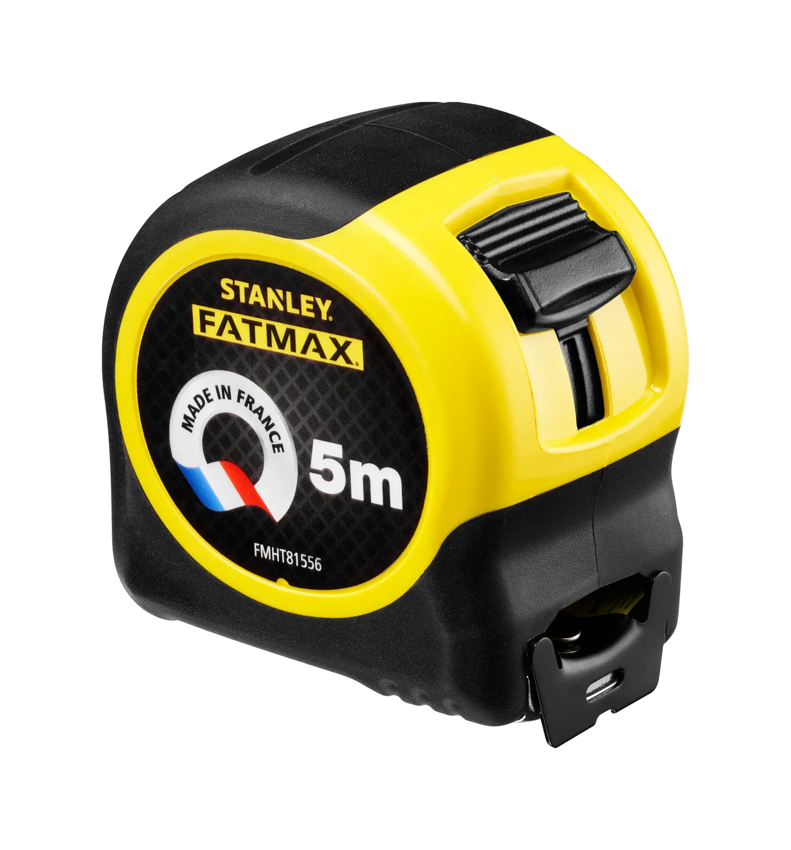 Foto des STANLEY FMHT81556-0 FatMax Maßbands 5m, Gehäuse schwarz-gelb, Vorderansicht rechts.