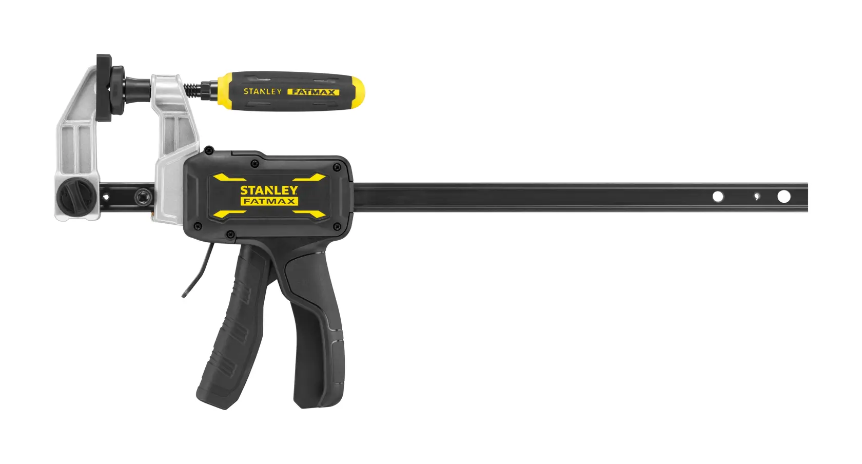 STANLEY FMHT83006-0 FATMAX Schnellspannzwinge schwarz-gelb, Seitenansicht, Fotografie auf weißem Hintergrund.
