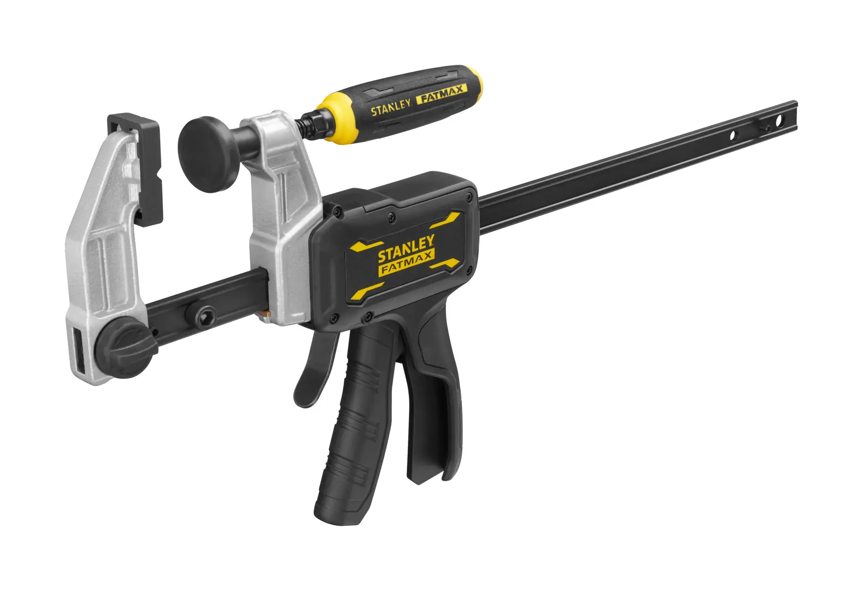 STANLEY FMHT83006-0 Fotografie einer FATMAX Auslösezwinge mit schwarz-silbernem Körper, Seitenansicht.