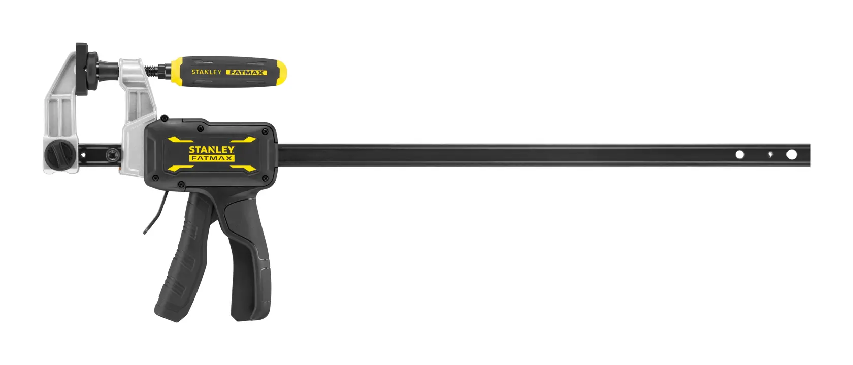 STANLEY FMHT83007-0 Schraubzwinge mit ergonomischem Griff, Seitenansicht, schwarz-gelb, Fotografie.