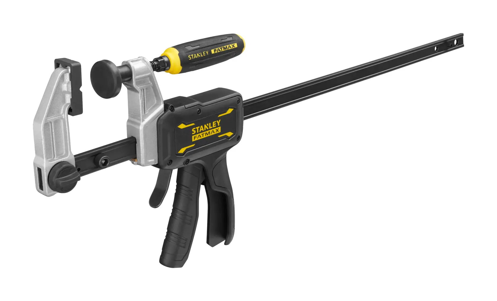 STANLEY FMHT83007-0 Auslöseszwinge mit Pistolengriff, schwarz und silber, Seitenansicht auf weißem Hintergrund.