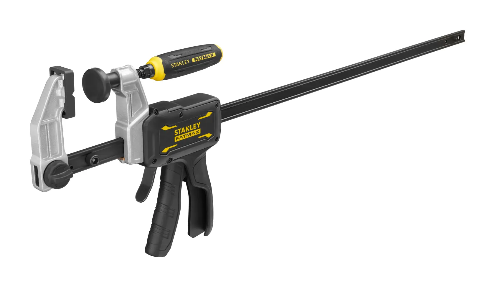 STANLEY FMHT83008-0 Schnellspannzwinge mit gelb-schwarzem Griff, Seitenansicht, Produktfotografie.