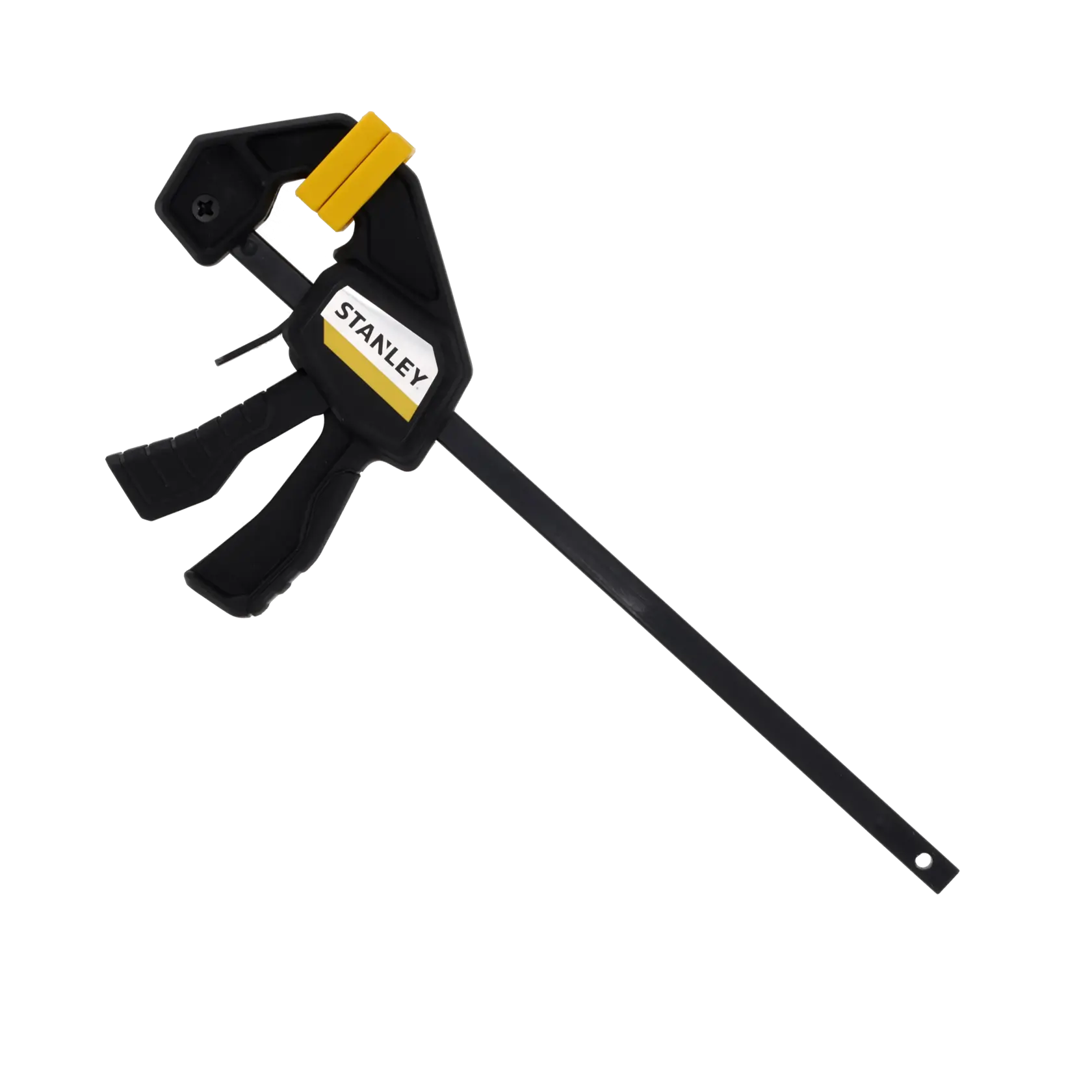STANLEY FMHT83270-0 schwarz-gelbe Schraubzwinge, Seitenansicht auf weißem Hintergrund.