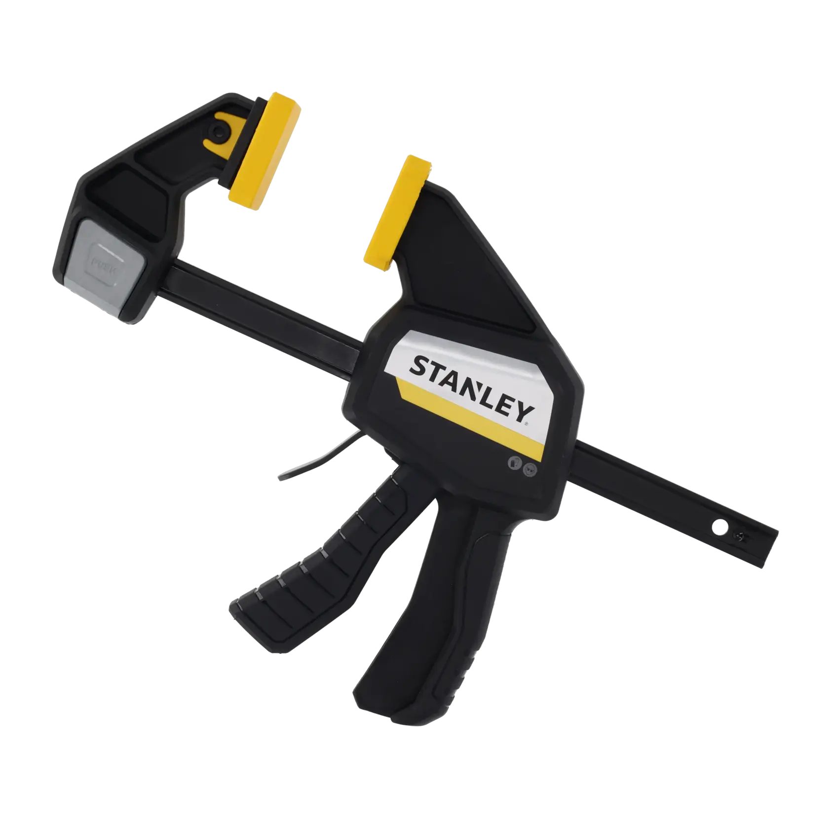 STANLEY FMHT83273-0 Fotografie einer schwarz-gelben Schnellspannzwinge, Seitenansicht auf weißem Hintergrund.