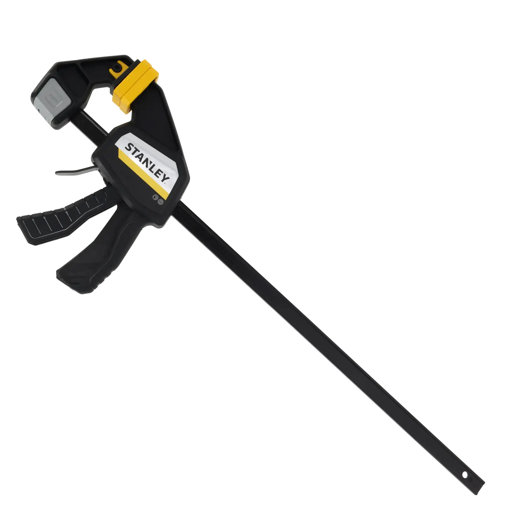 STANLEY FMHT83275-0 Einhandzwinge, schwarz-gelb, Seitenansicht auf weißem Hintergrund.