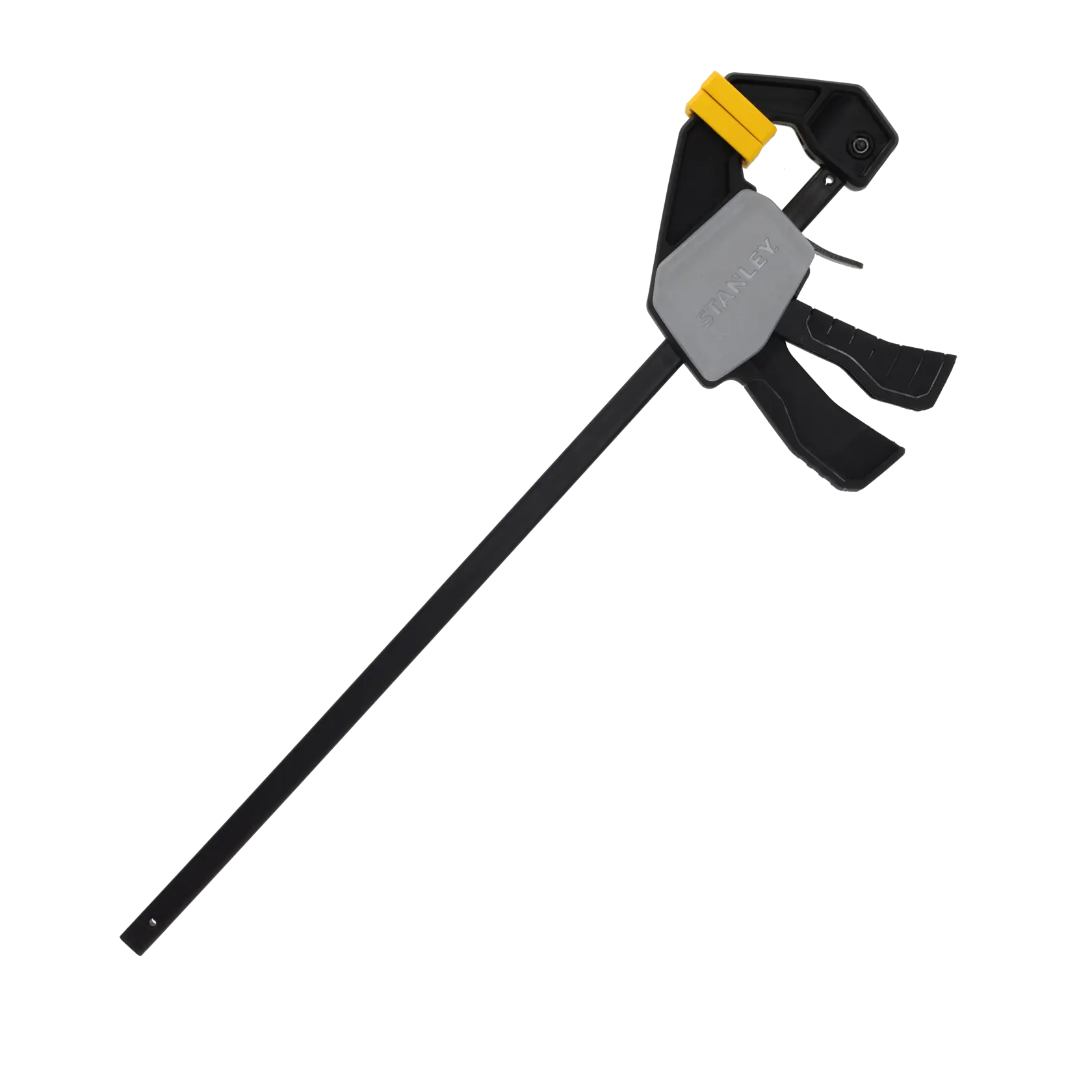 STANLEY FMHT83275-0 Schnellwechselzwinge, schwarz und gelb, Seitenansicht auf weißem Hintergrund.
