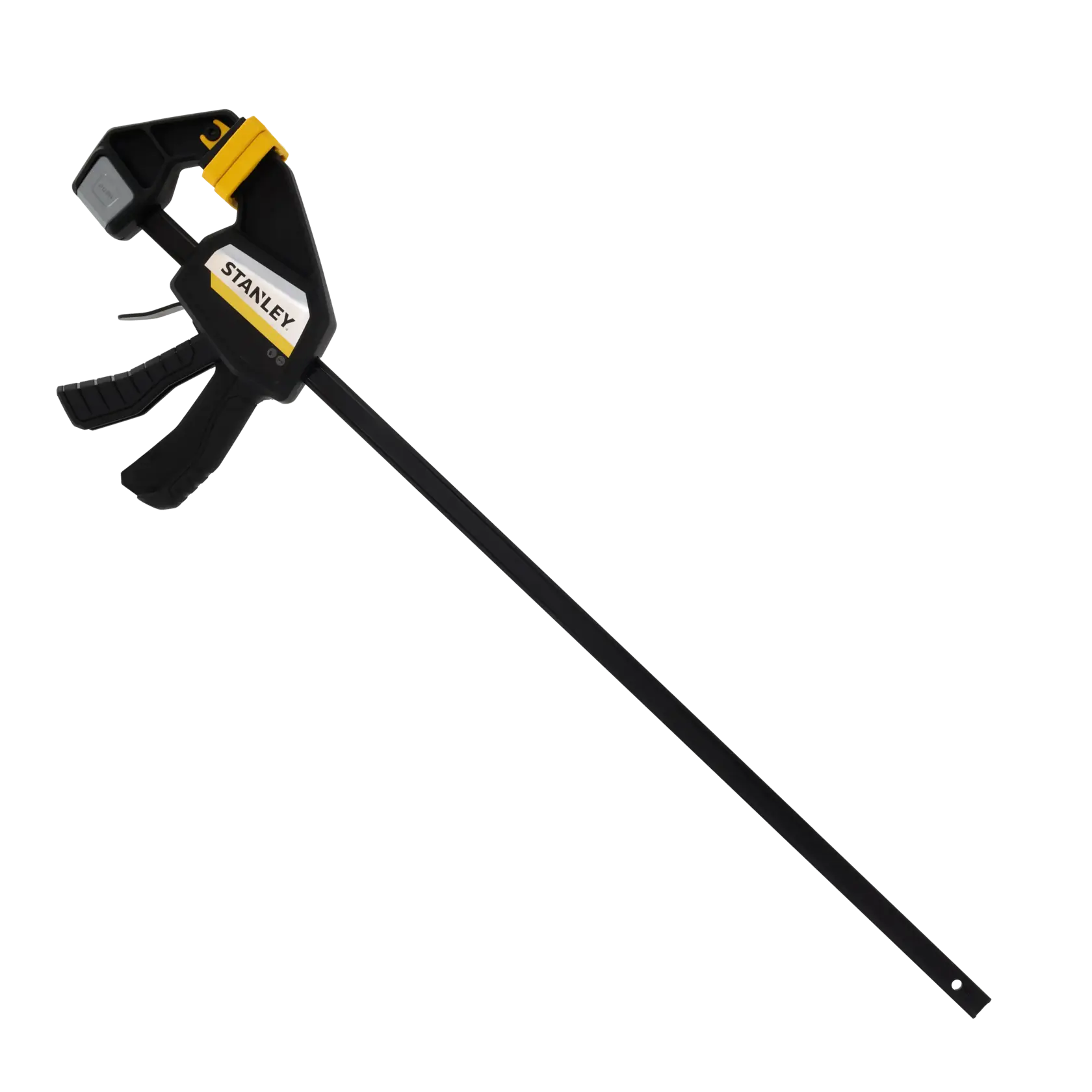 STANLEY FMHT83276-0 schwarze und gelbe Schraubzwinge, Seitenansicht auf weißem Hintergrund.