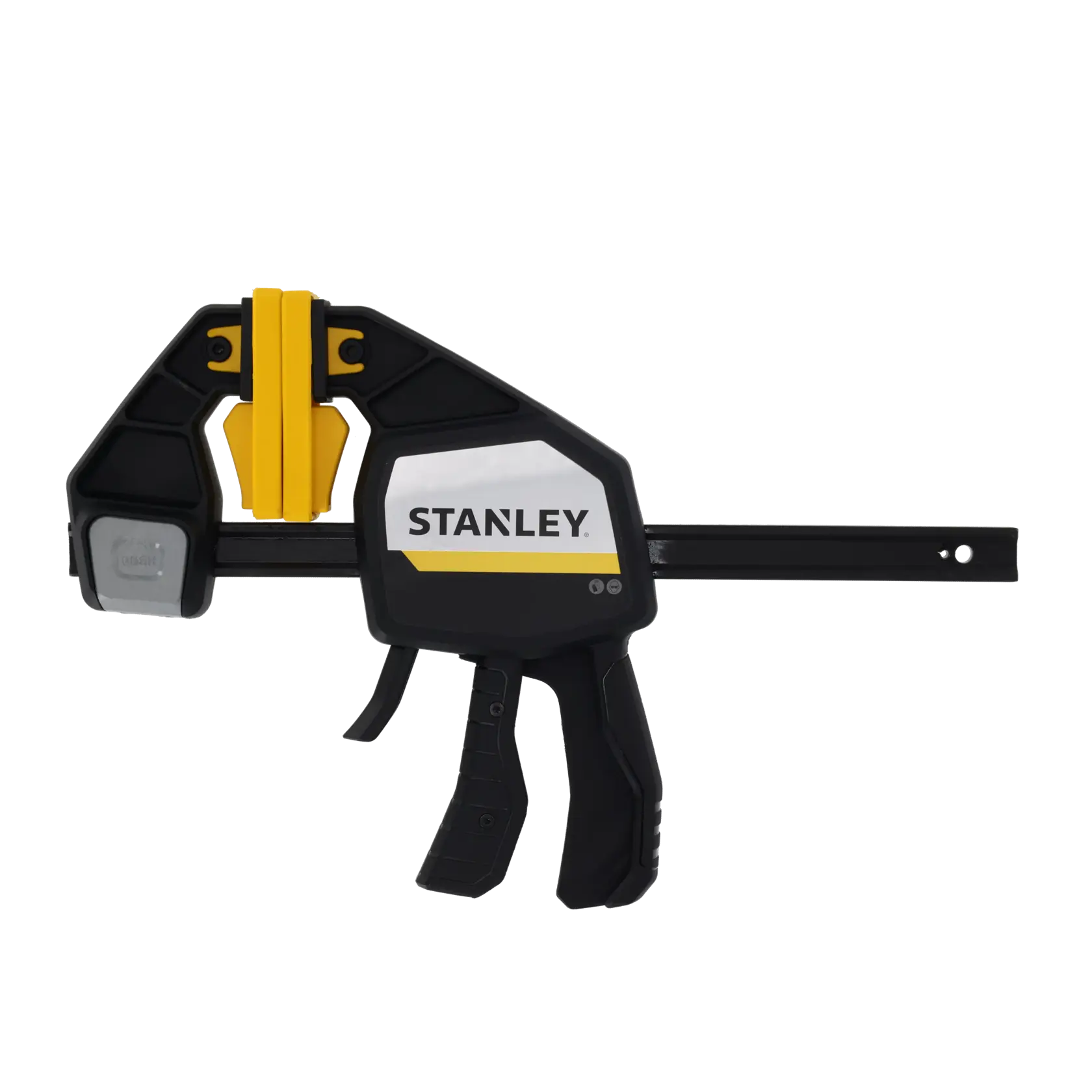 STANLEY FMHT83278-0 Schraubzwinge mit schwarz-gelbem Griff, linke Seitenansicht auf weißem Hintergrund.
