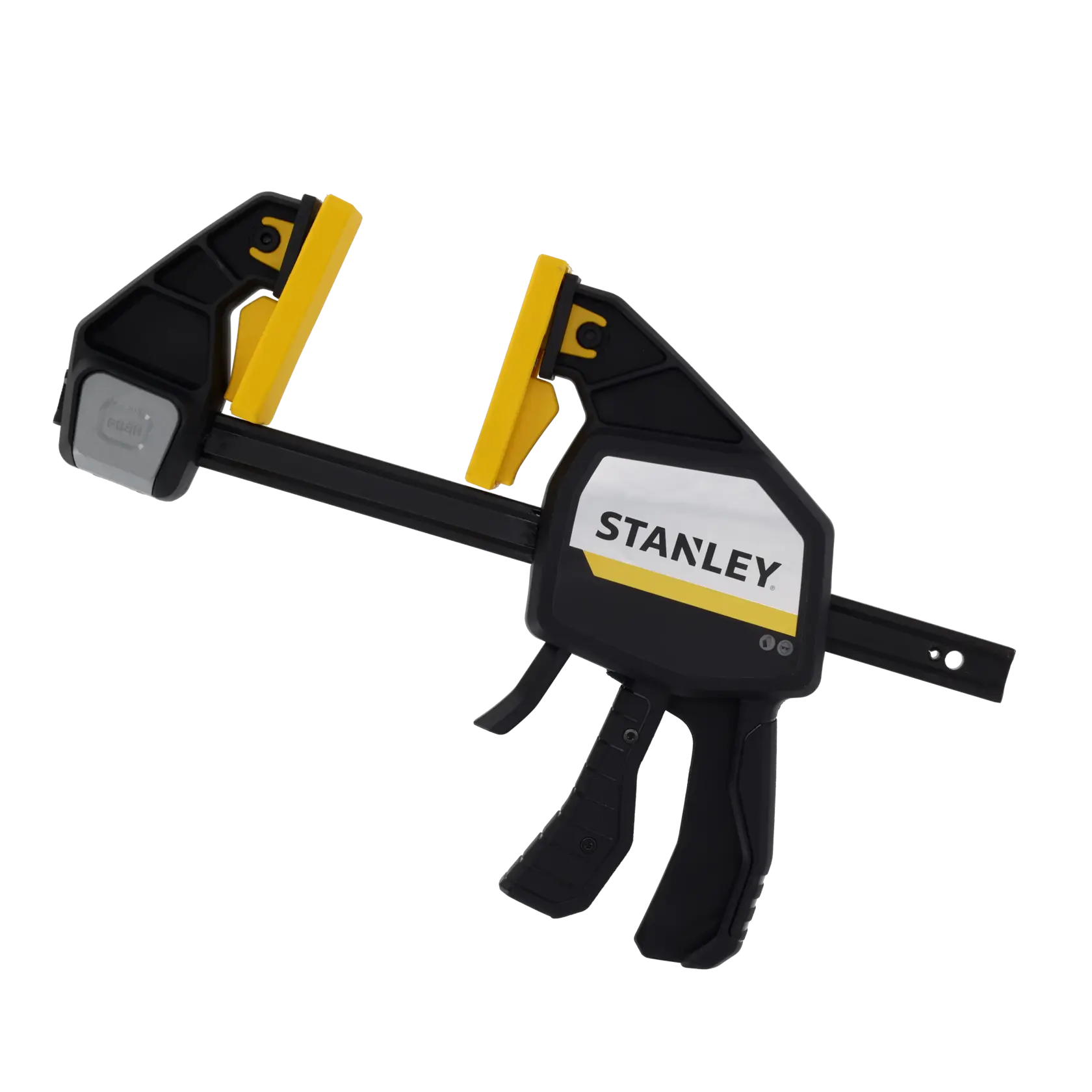 Foto der STANLEY FMHT83278-0 Schnellwechselzwinge, schwarz und gelb, rechte Seitenansicht auf weißem Hintergrund.