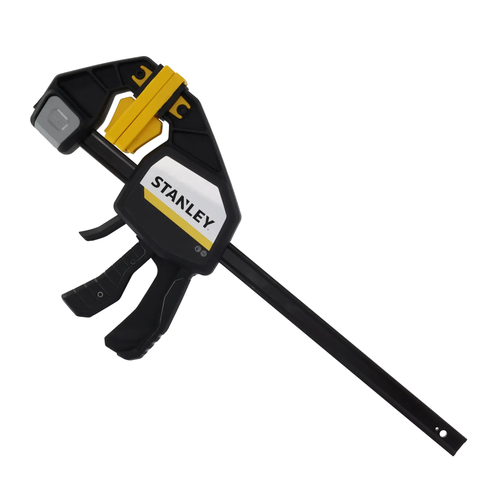 STANLEY FMHT83279-0 schwarze und gelbe Einhandzwinge, Seitenansicht, auf weißem Hintergrund.