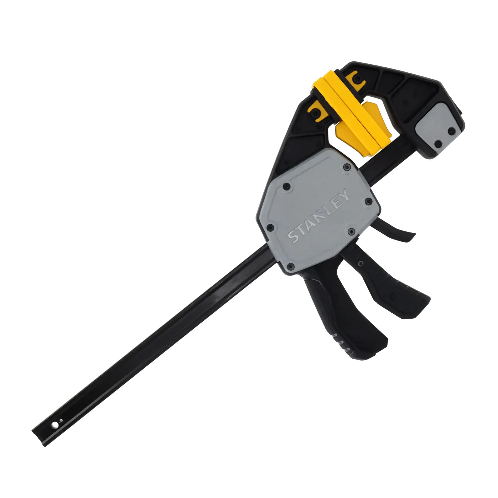 STANLEY FMHT83279-0 Schraubzwinge mit grauem, schwarzem und gelbem Kunststoffkörper, linke Ansicht auf weißem Hintergrund.