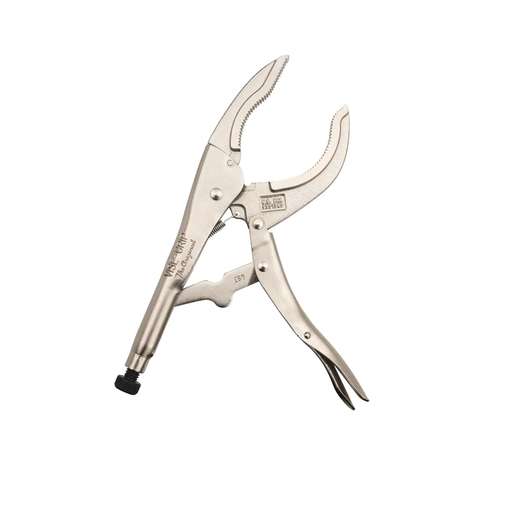 STANLEY STHT84900-0 Gripzange mit gebogener Backe, silbernes Finish, Seitenansicht, weißer Hintergrund.