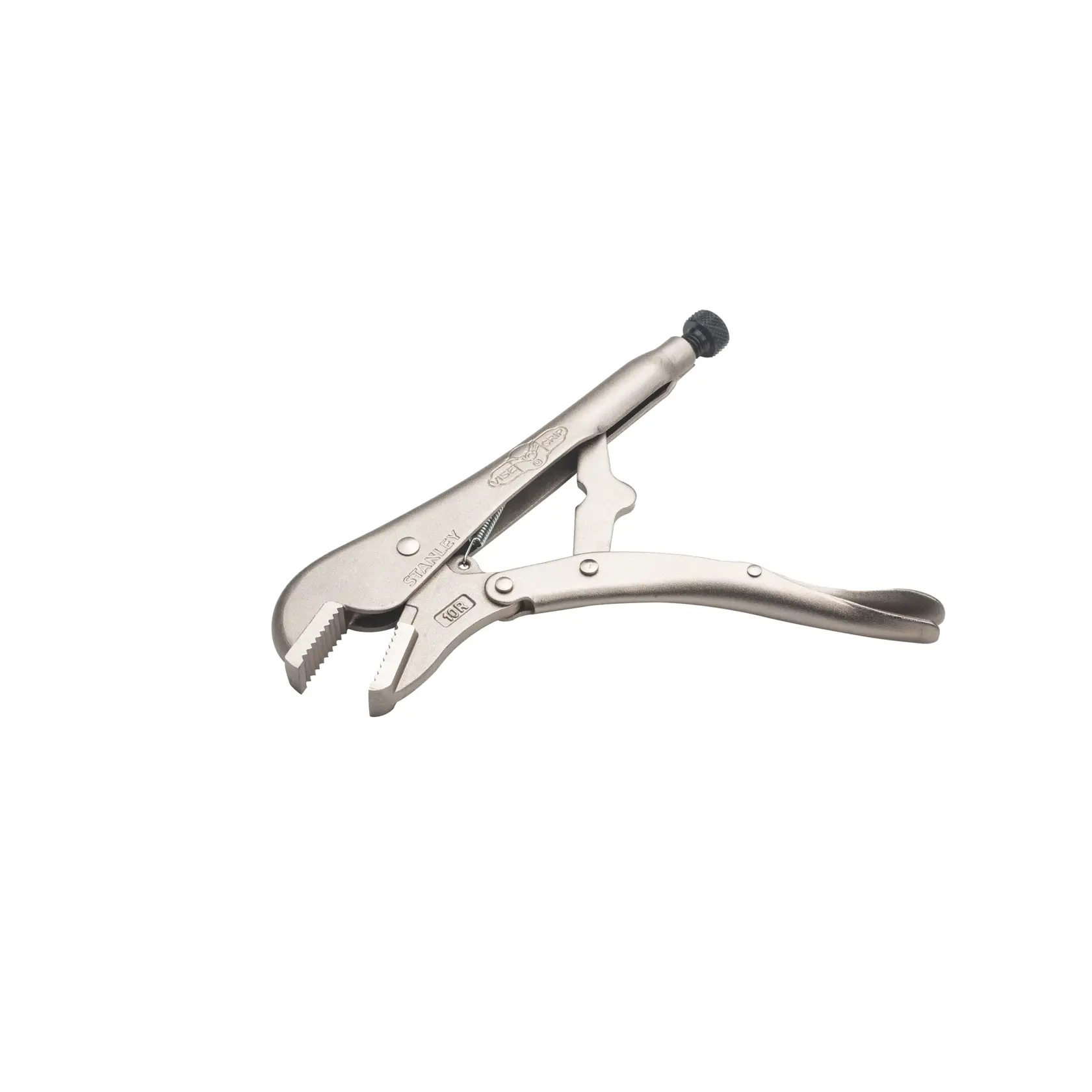 STANLEY FMHT84902-0 silberne Metall-Gripzange, Seitenansicht auf weißem Hintergrund.