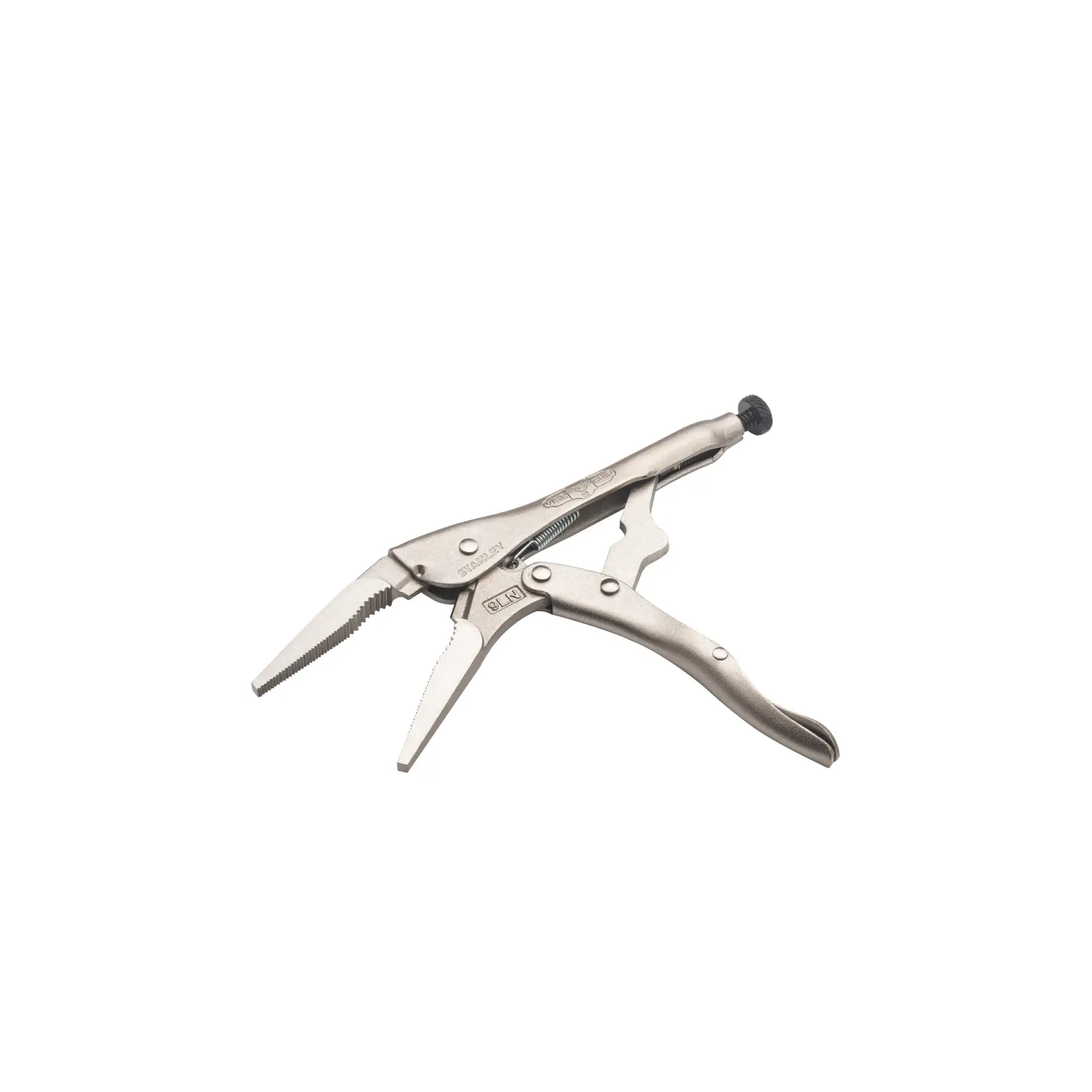 STANLEY FMHT84908-0 Feststellzange mit langem Maul, silberfarben, Produkt seitlich auf weißem Hintergrund.